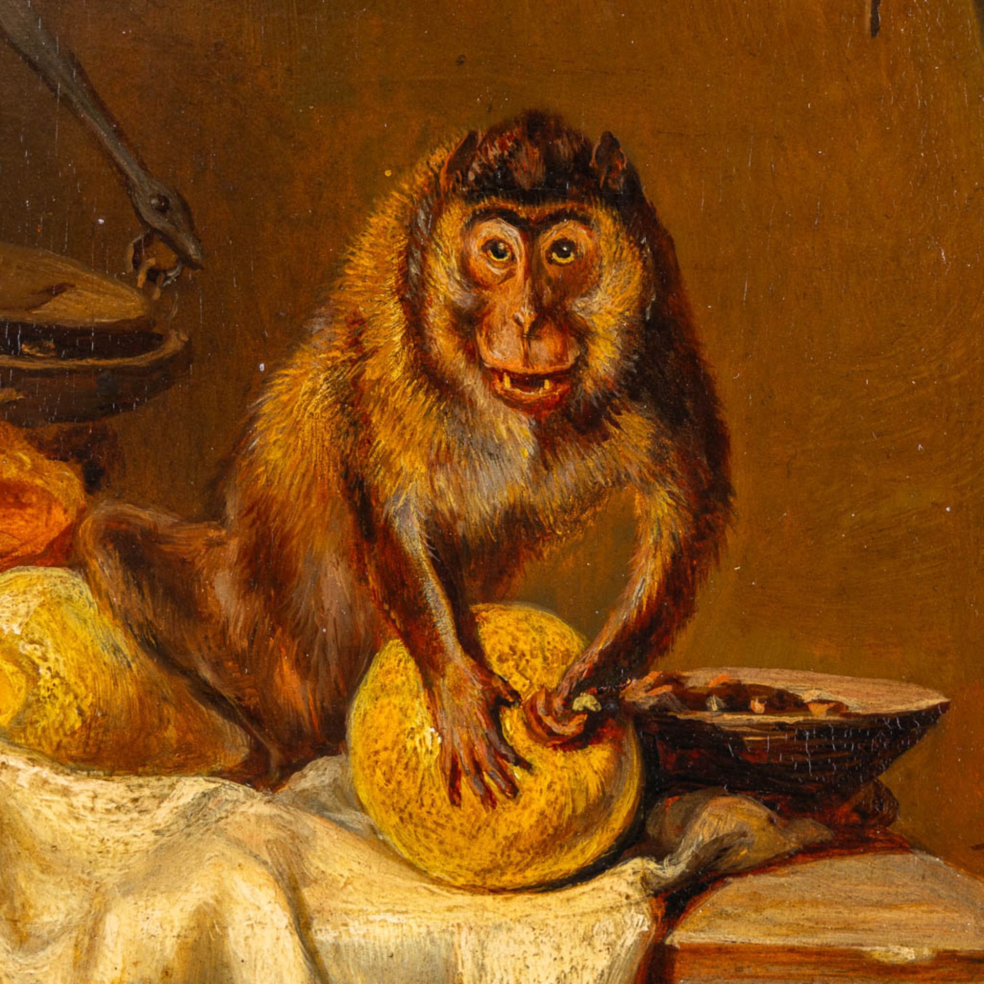 Monkey stealing a pumpkin, an antique painting, oil on panel. 19th C. (W:17 x H:22 cm) - Image 4 of 8