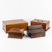 Four English sculptured wood chests and storage boxes, e.g. a cutlery box for Mappin &amp; webb. (L:
