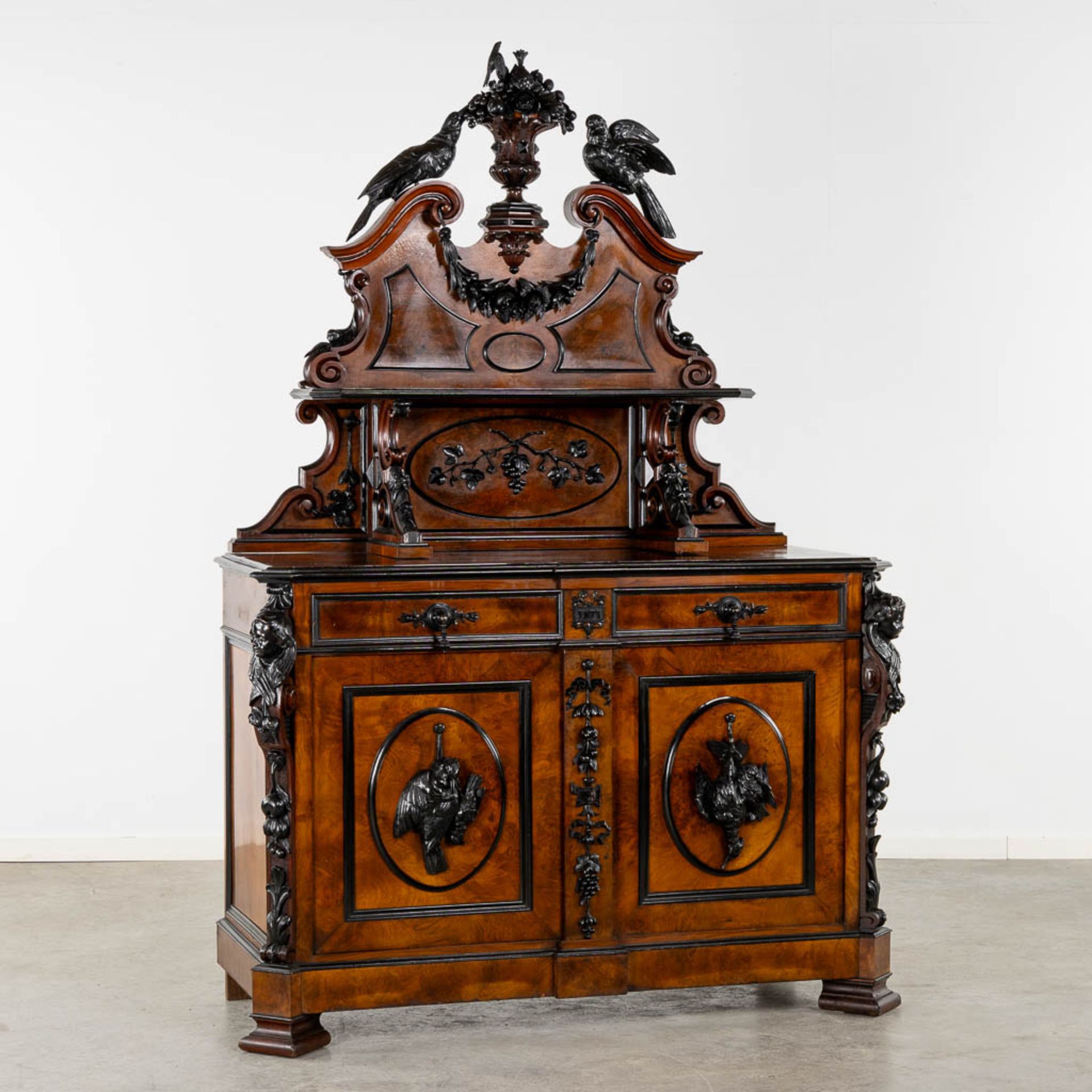 An impressive 'Saint Hubert' hunting cabinet with fine wood sculptures, dated 1871. (L:63 x W:143 x
