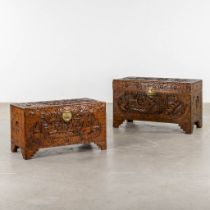 Two Oriental chests, tropical hardwood. Probably Myanmar. (L:50 x W:102 x H:60 cm)
