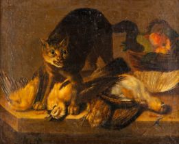 An angry cat and his prey, still life, oil on canvas. 19th C. (W:42,5 x H:34 cm)