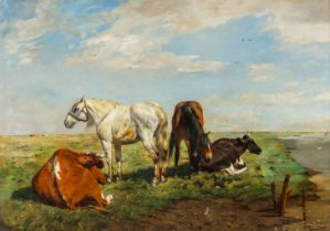 Alfred Jacques VERWEE (1838-1895) 'Horses and Cows' oil on canvas. (W:106 x H:74 cm)