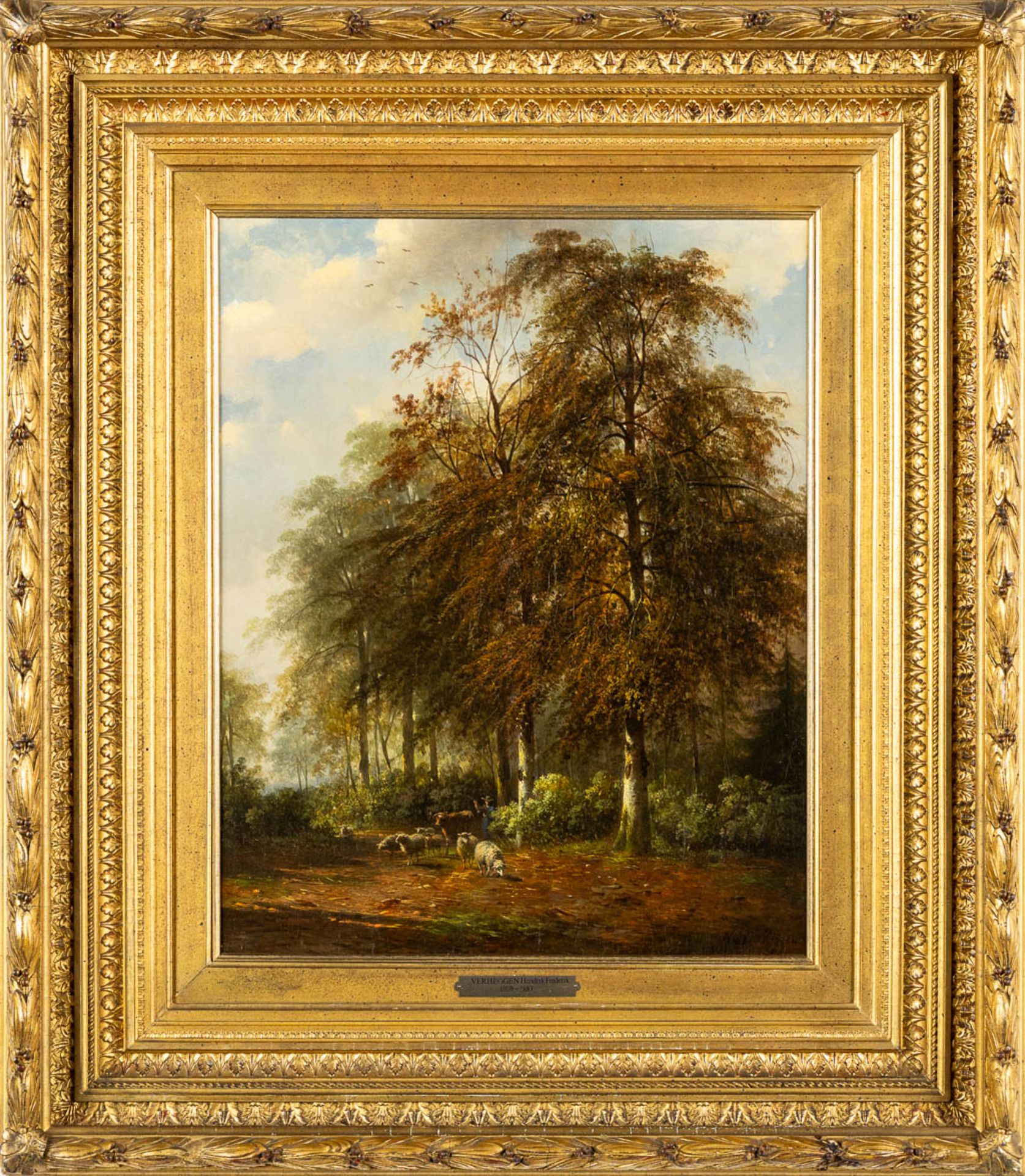 Hendrik VERHEGGEN (1809-1883) 'Sheep in a forest' Barbizon School, oil on canvas. (W:46 x H:58 cm) - Image 3 of 8