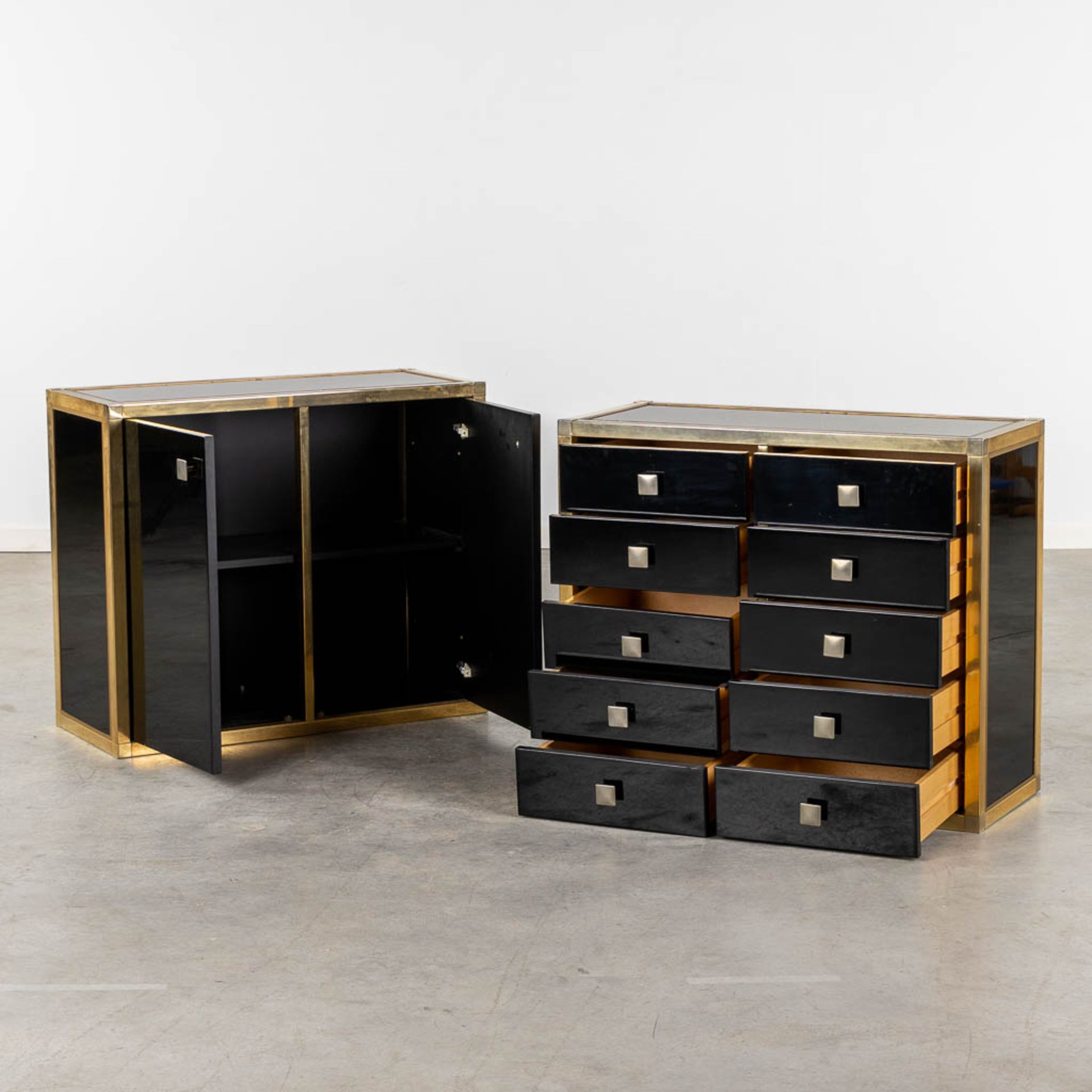 A pair of cabinets, lacquered wood and gilt metal, probably made by Belgo Chrome. (L:37 x W:86,5 x H - Image 3 of 11