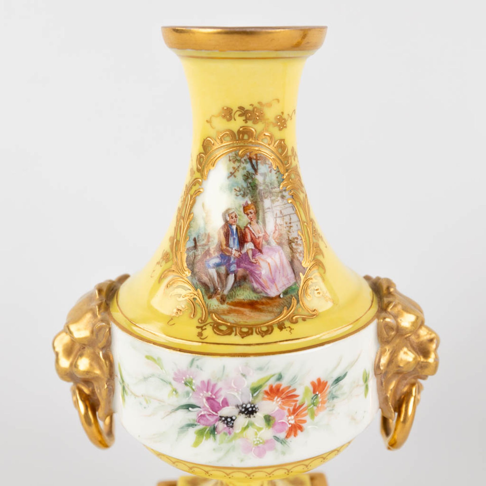 A pair of antique, hand-painted porcelain vases, yellow glaze and flower with lion's heads decor. (L - Image 11 of 16