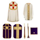 A Cope, Chasuble and two Roman Chasubles, Stola and Veil, Embroideries and Thick Gold Thread brocade