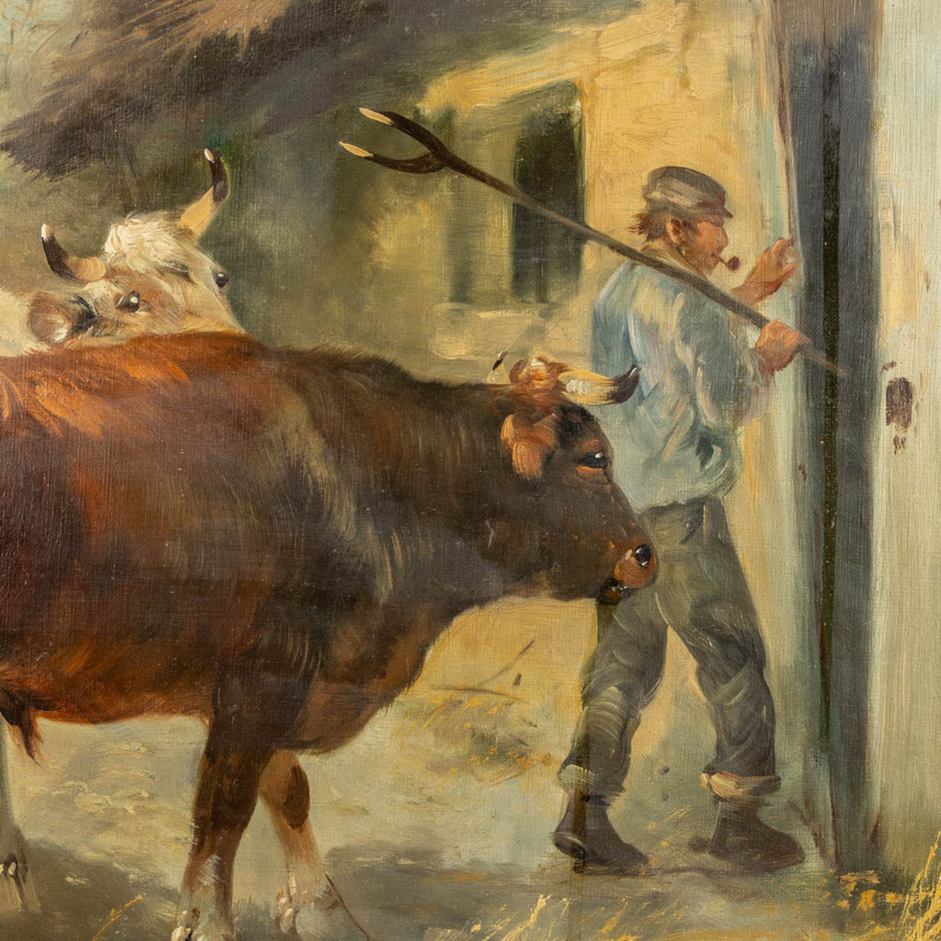 Henry SCHOUTEN (1857/64-1927) 'Farmer and his cows' oil on canvas. (W:90 x H:60 cm) - Image 6 of 8
