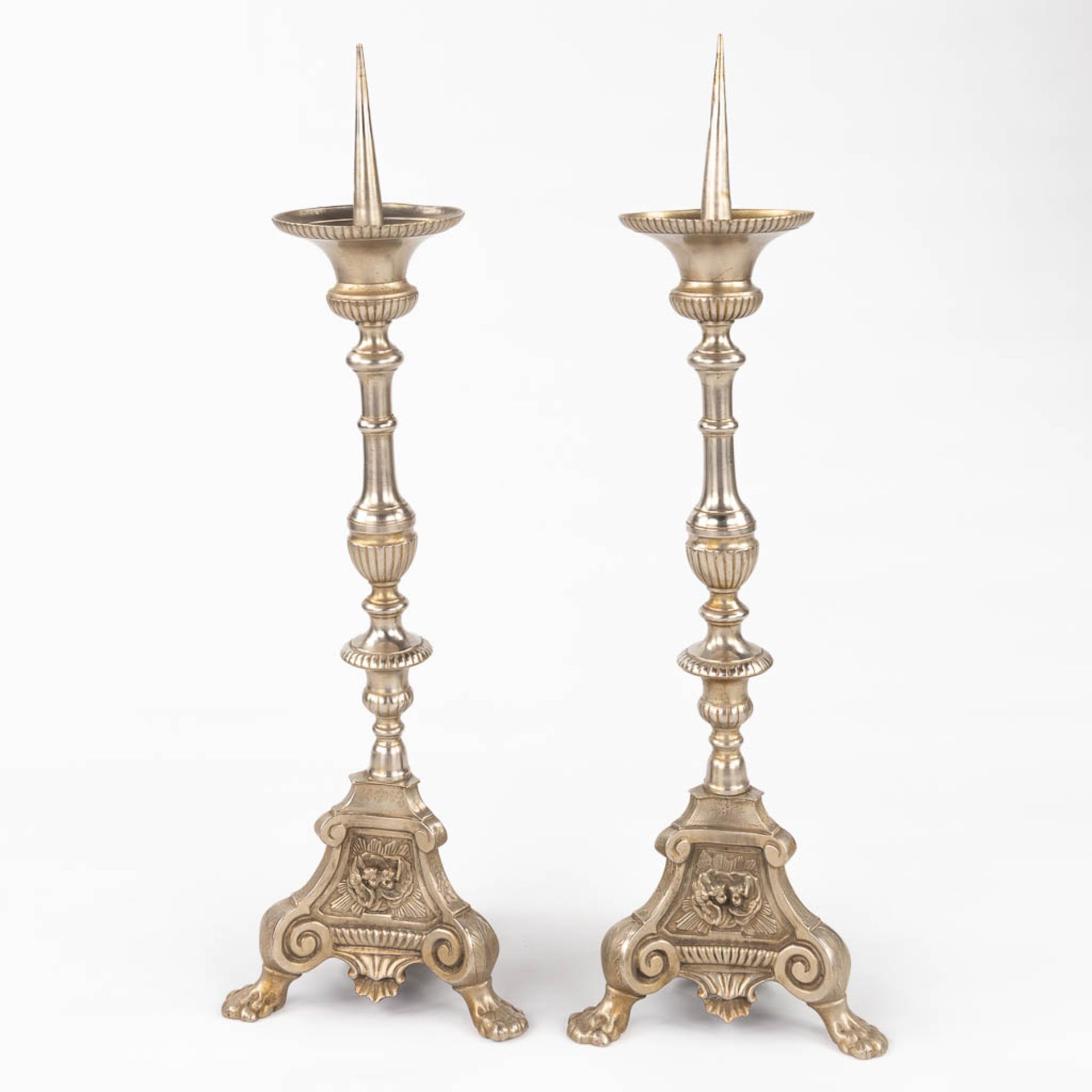 A pair of silver-plated church candlesticks. (H:70 cm) - Image 4 of 8