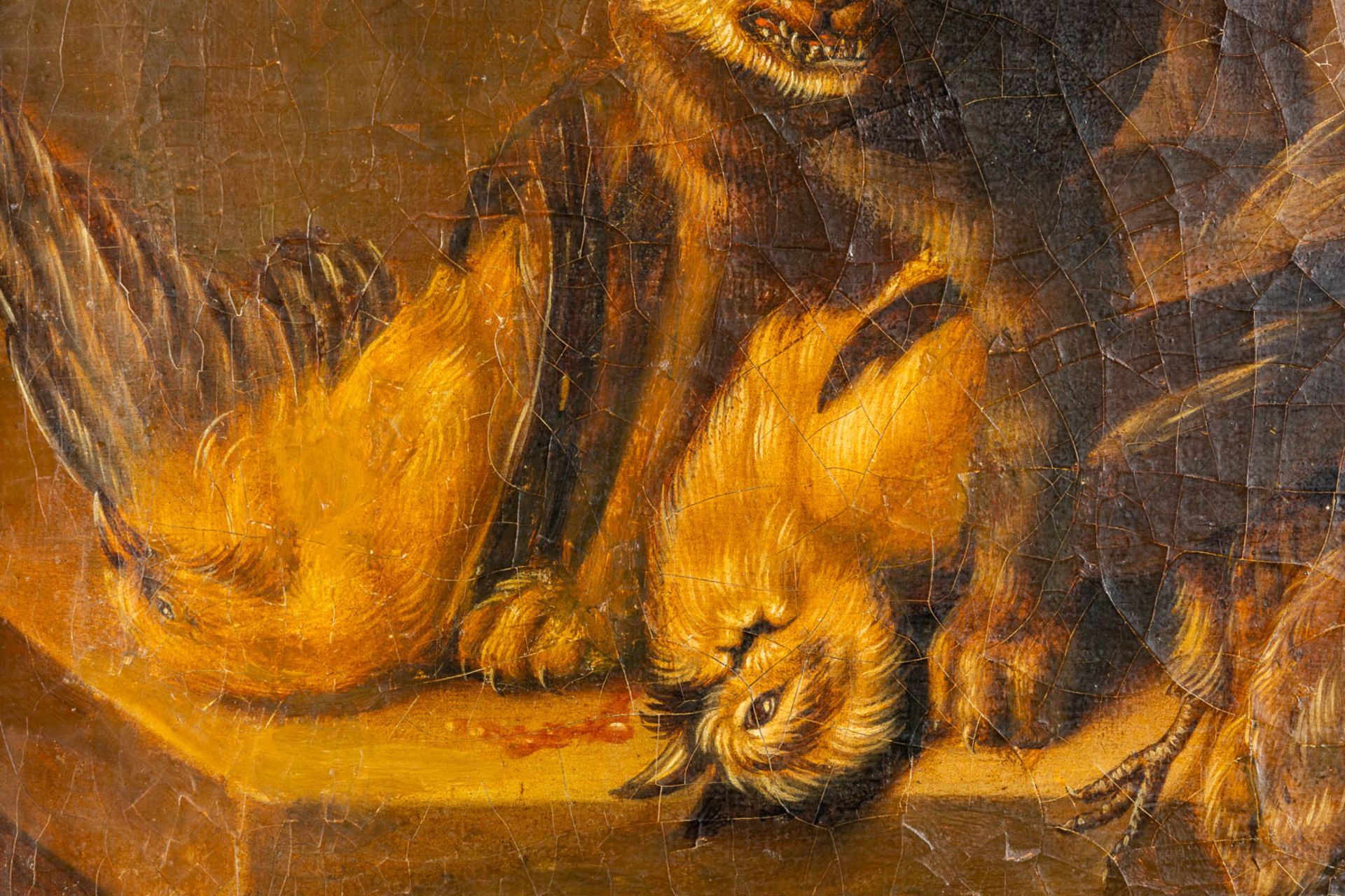 An angry cat and his prey, still life, oil on canvas. 19th C. (W:42,5 x H:34 cm) - Image 5 of 8