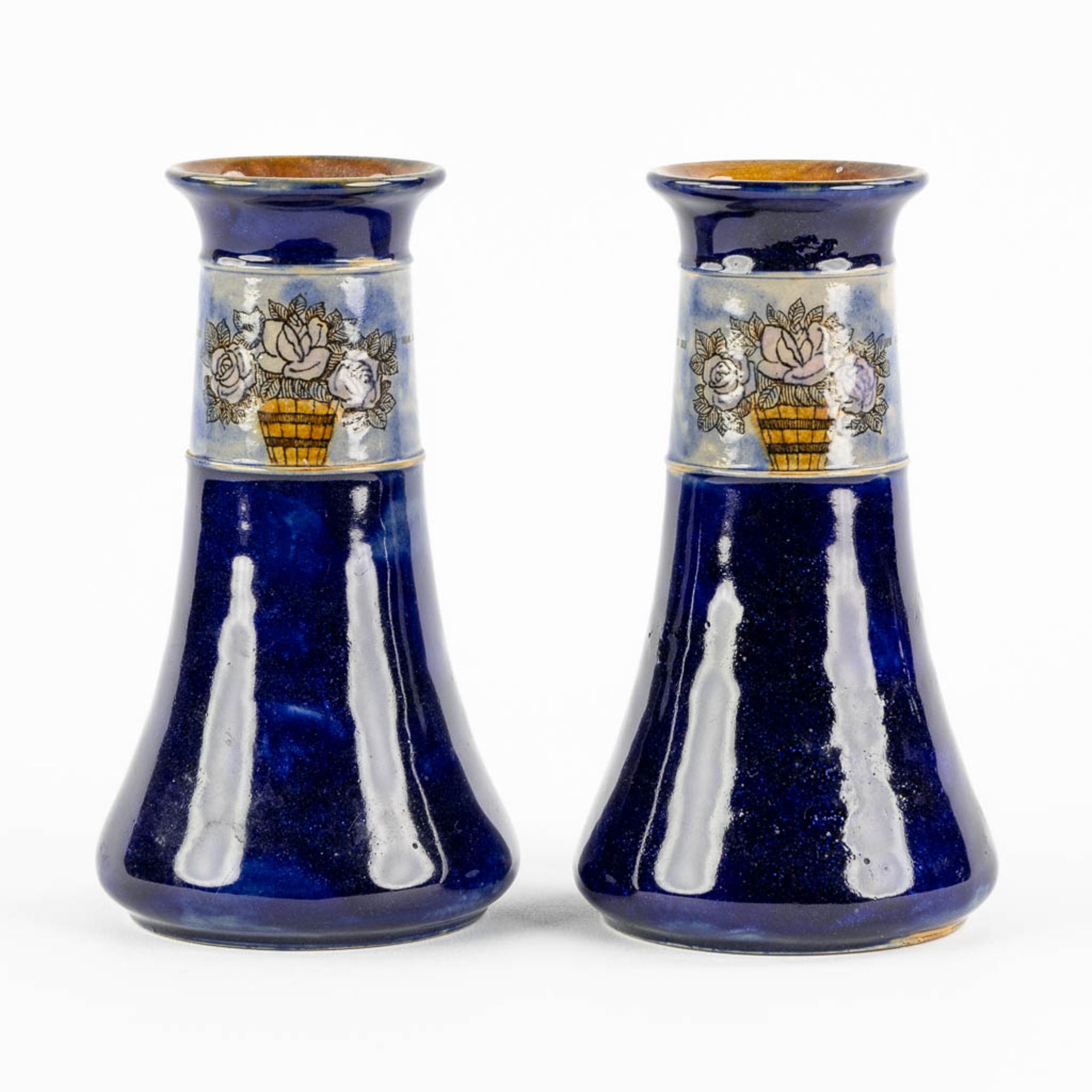 Royal Doulton, a pair of blue-glaze stoneware vases, Art Nouveau. (H:18 x D:10 cm) - Image 5 of 10