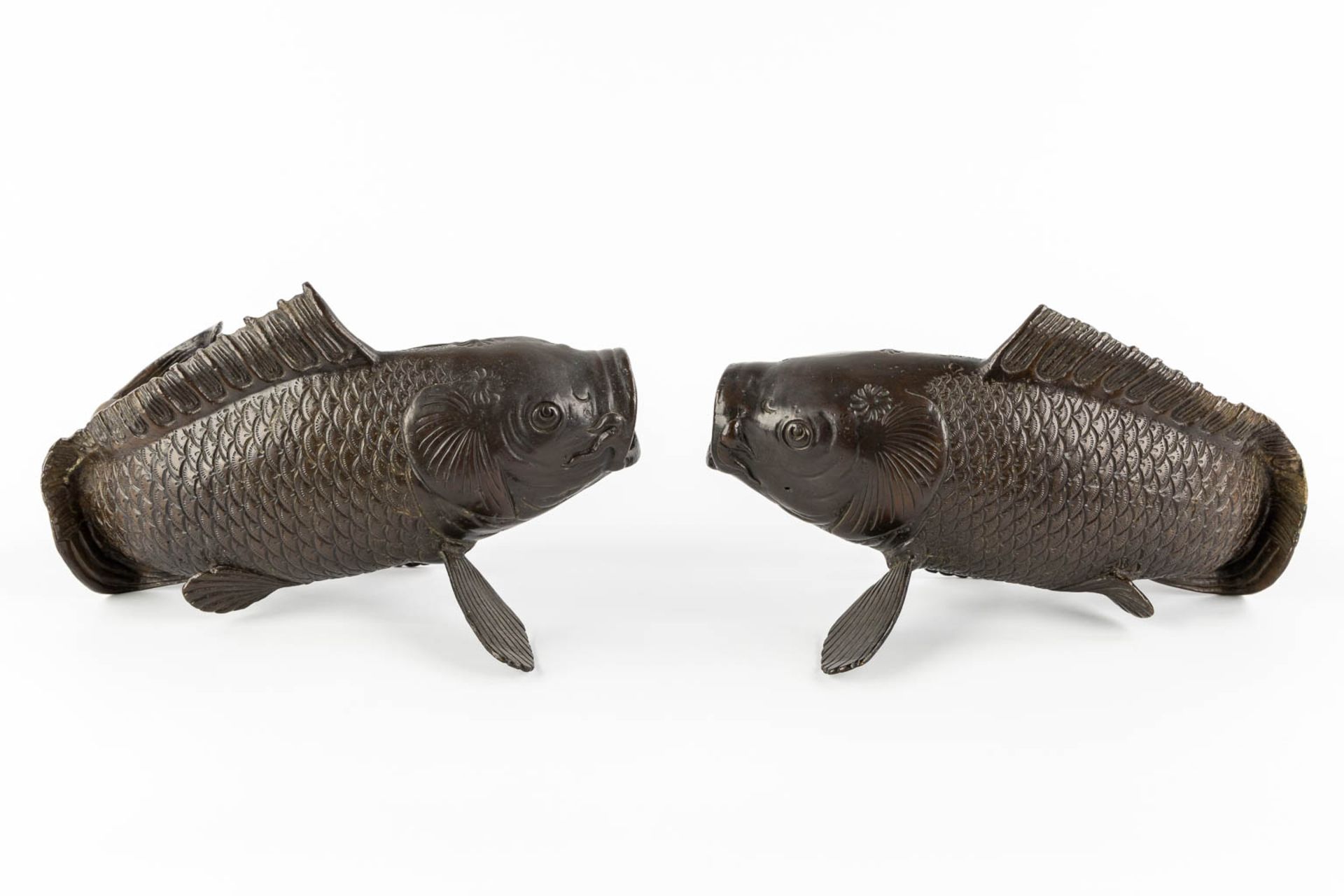 A pair of patinated bronze figurine of Koi, Japan. 20th C. (L:22 x W:29 x H:16 cm) - Image 4 of 12