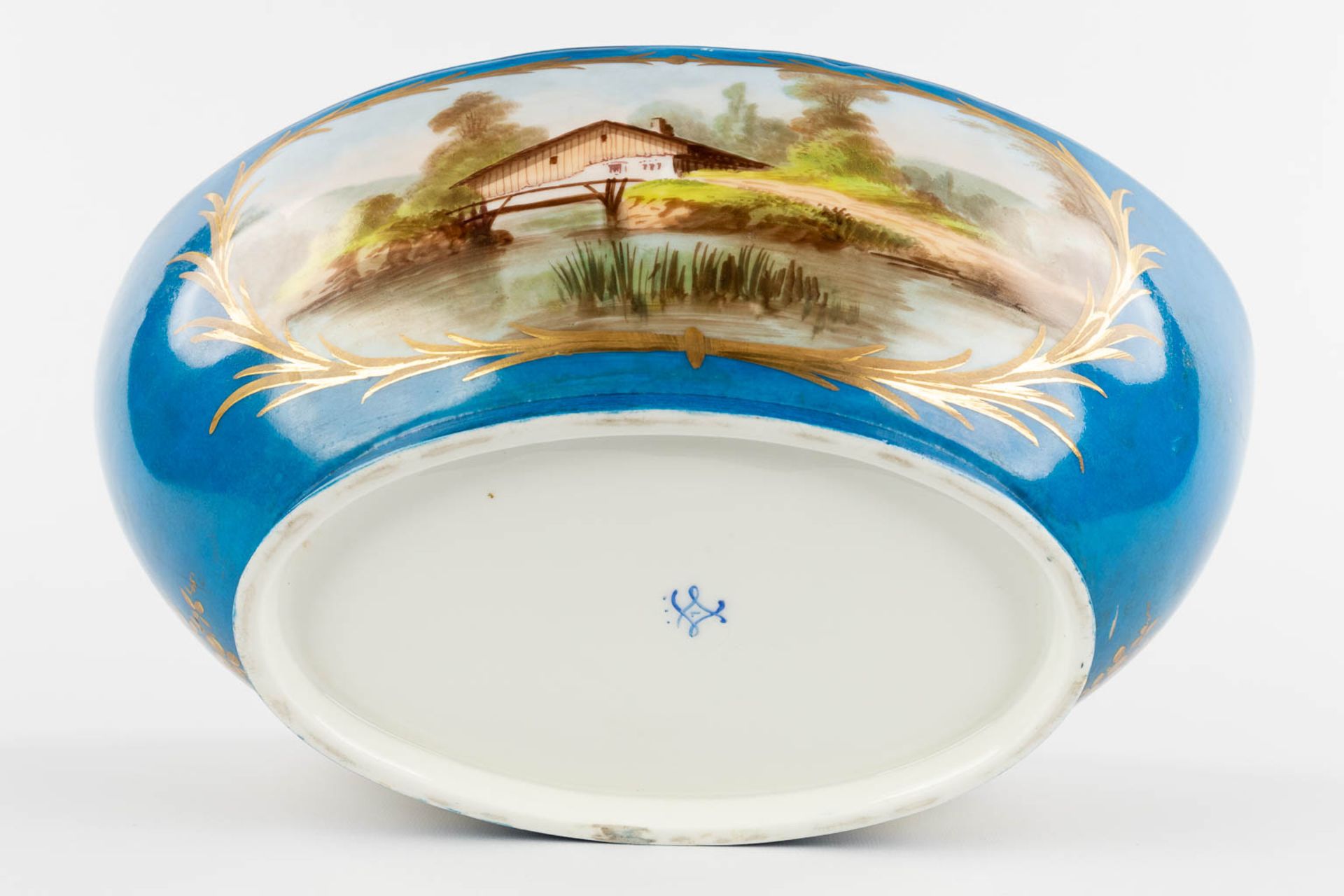 A large bowl, blue glaze with hand-painted decor, probably Limoges. (L:24 x W:39 x H:14 cm) - Image 8 of 12