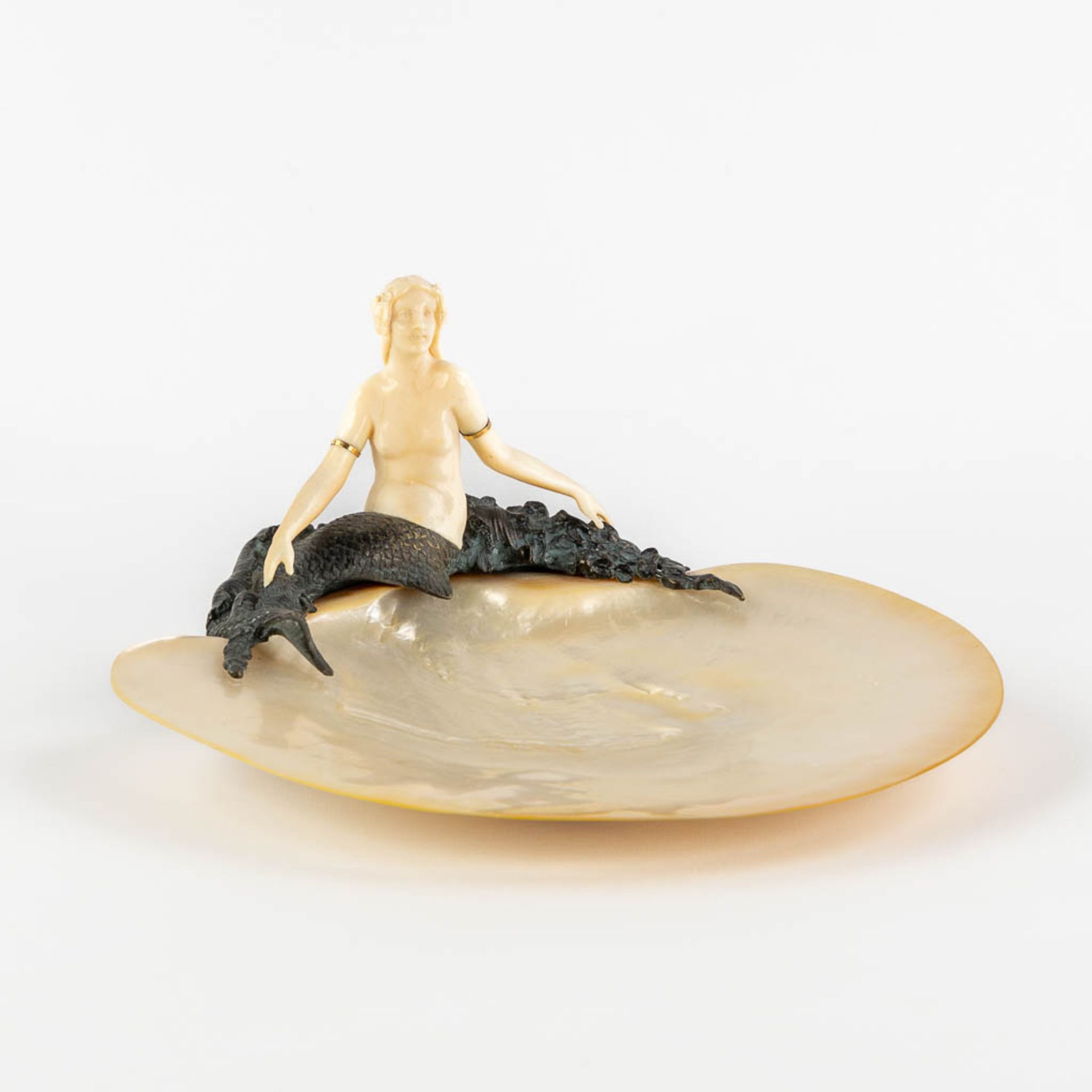 An antique 'Trinket bowl' with a Chryselephantine mermaid. Probably Austria, Circa 1920-1930. (W:24