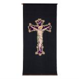 A large Schroud, black velours with an embroidered image of Jesus Christ hanging from the cross. (W: