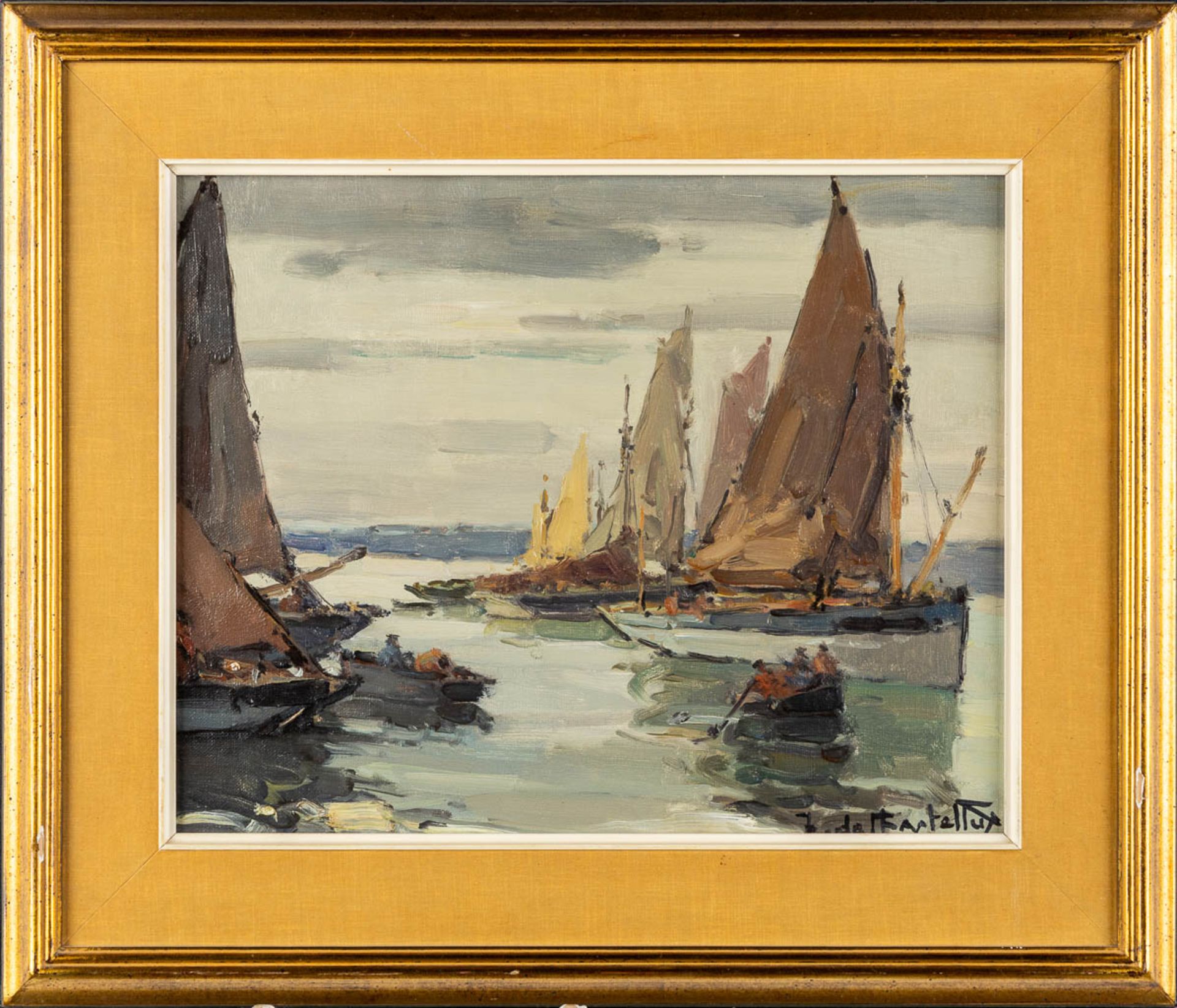 Jacques DE CHASTELLUS (1894-1957) 'Fishing Boats' oil on canvas. (W:40 x H:32 cm) - Image 3 of 7