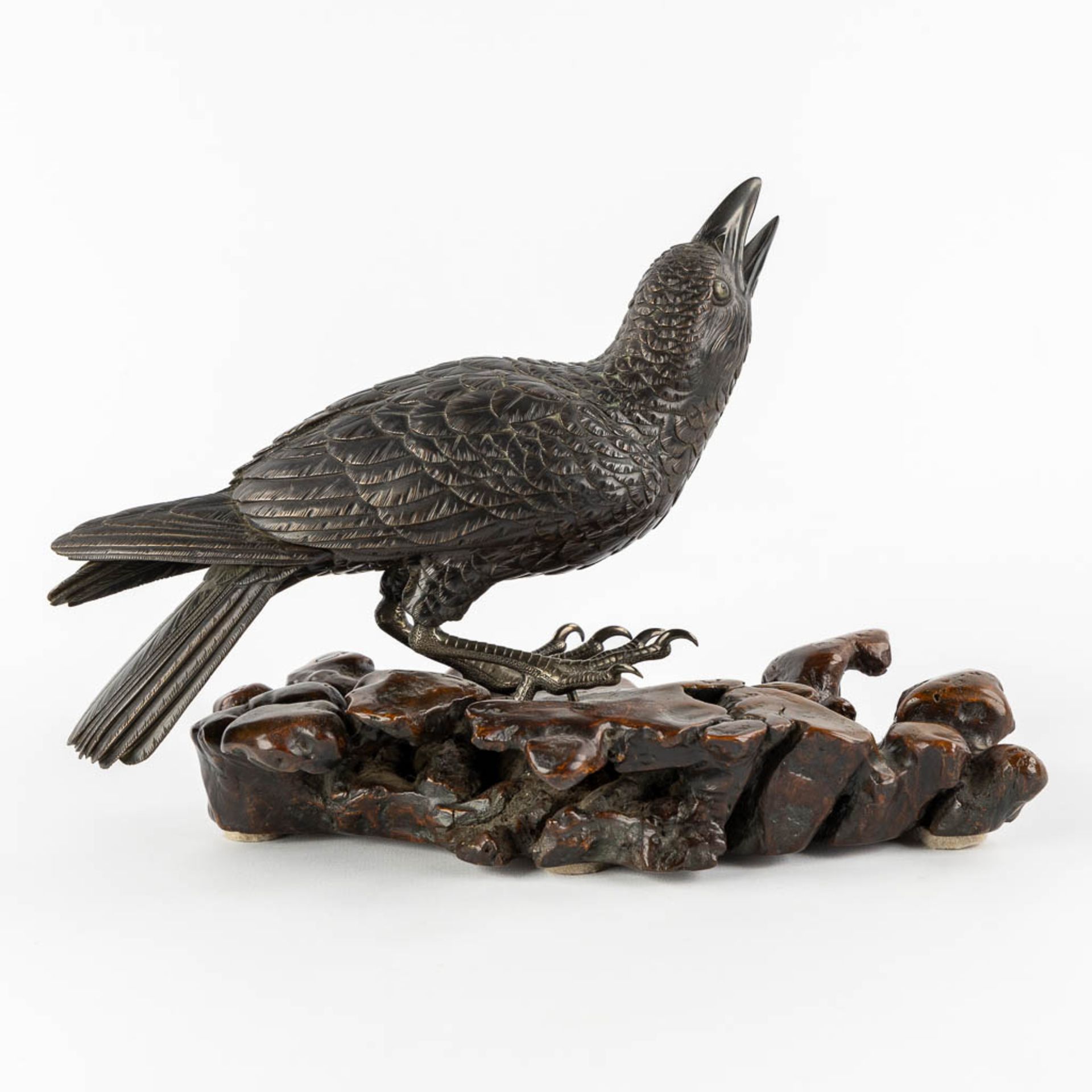 A Raven, patinated bronze mounted on a wood base. Probably Japan. (L:17 x W:30 x H:17 cm) - Image 5 of 10