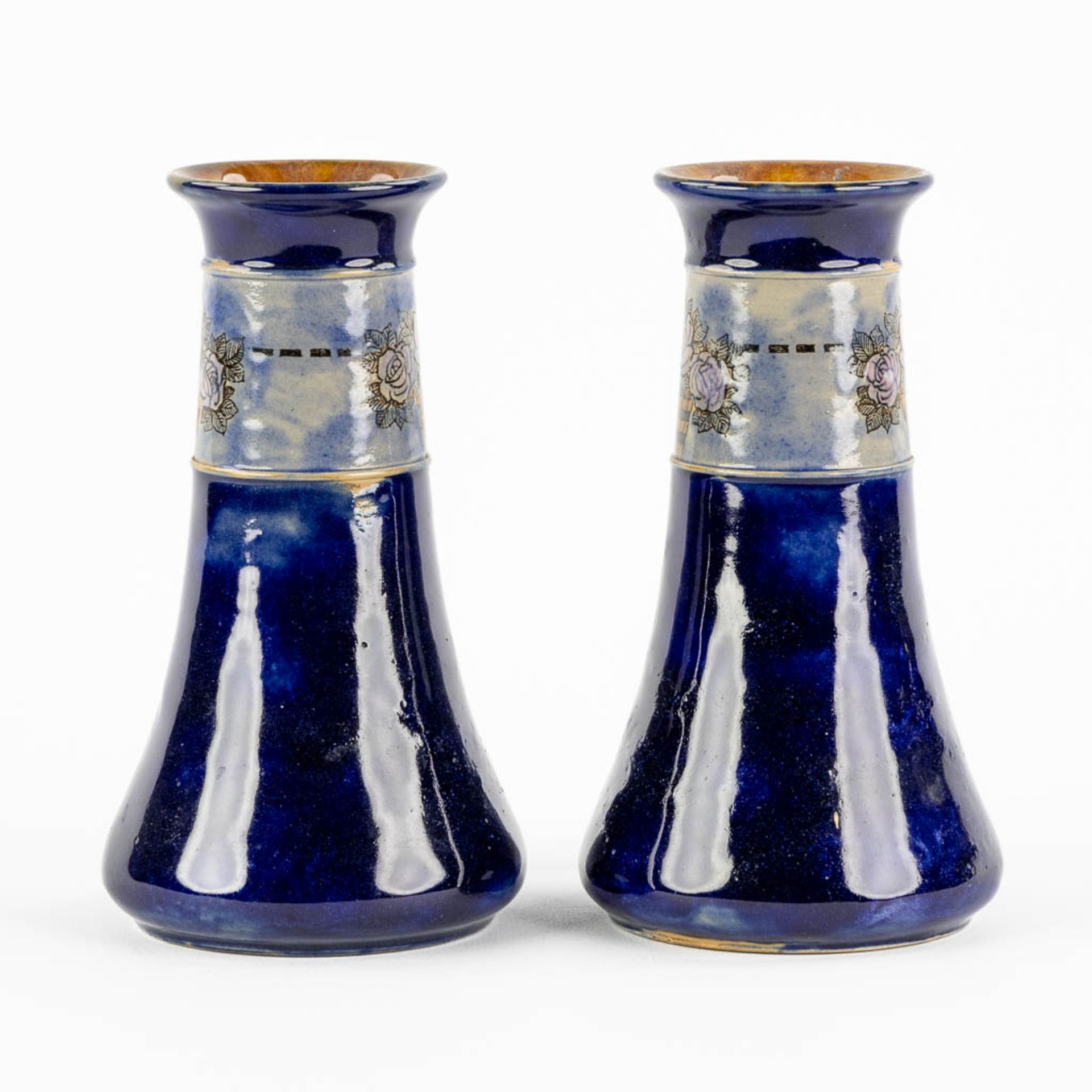 Royal Doulton, a pair of blue-glaze stoneware vases, Art Nouveau. (H:18 x D:10 cm) - Image 4 of 10