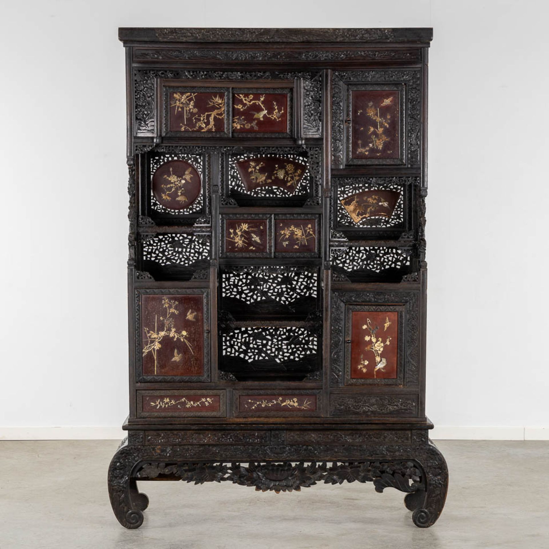 A Japanese Shibayama show cabinet, sculptured wood and inlay decorated with Fauna and Flora. (L:36 x