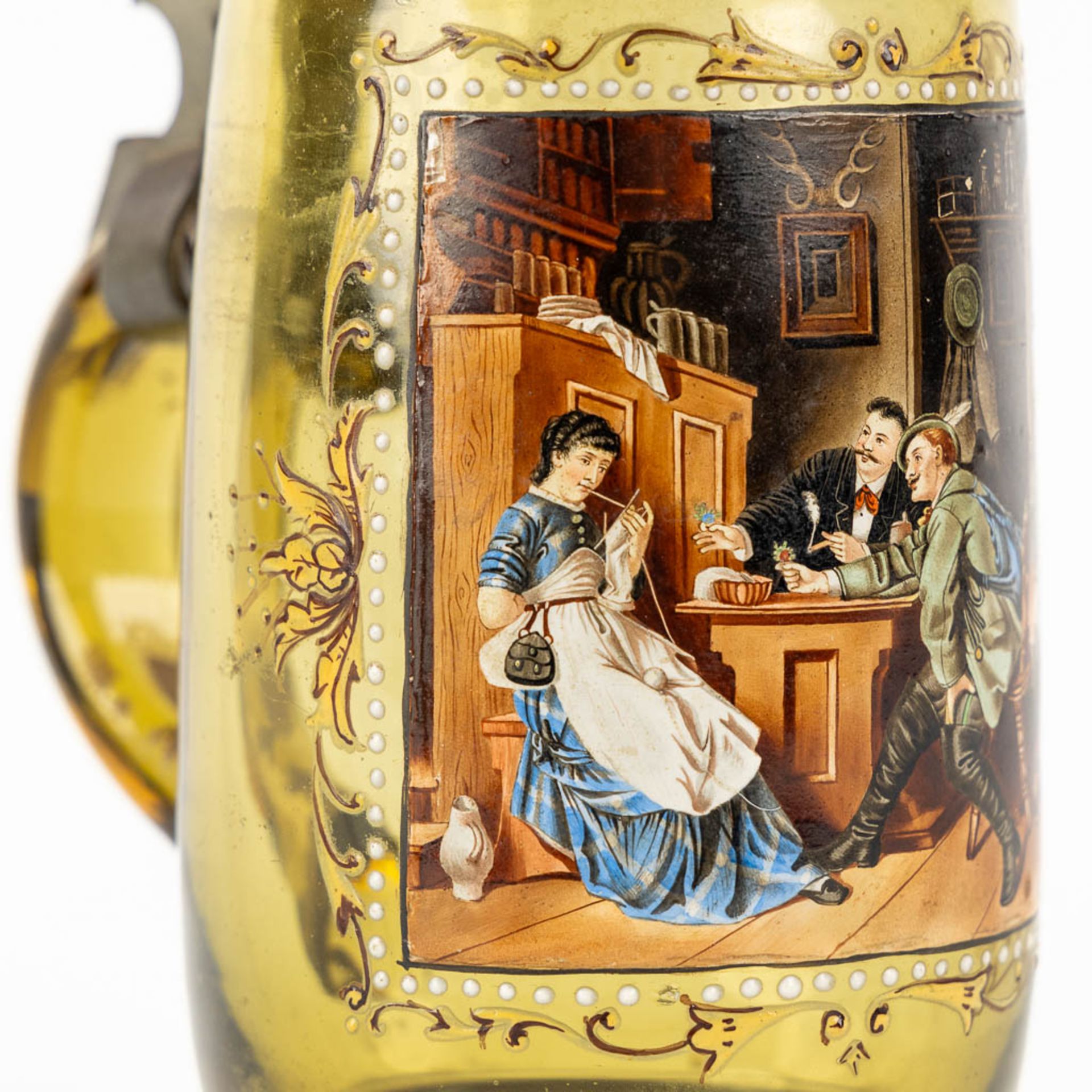 A finely painted Thiersenthal 'Beer Stein' with a pewter lid, Glashütte, Germany. 19th C. (H: - Image 9 of 11