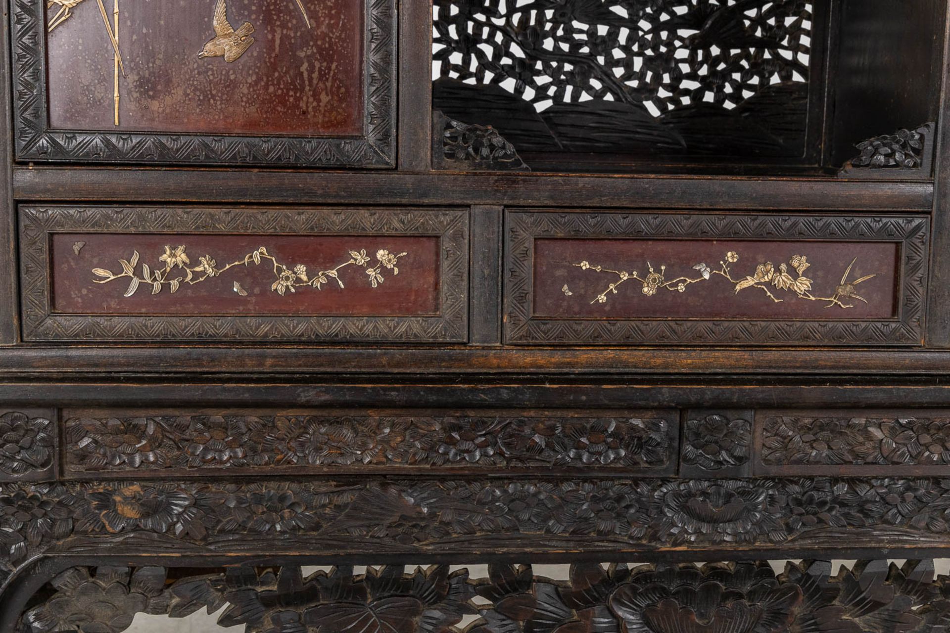 A Japanese Shibayama show cabinet, sculptured wood and inlay decorated with Fauna and Flora. (L:36 x - Image 12 of 17