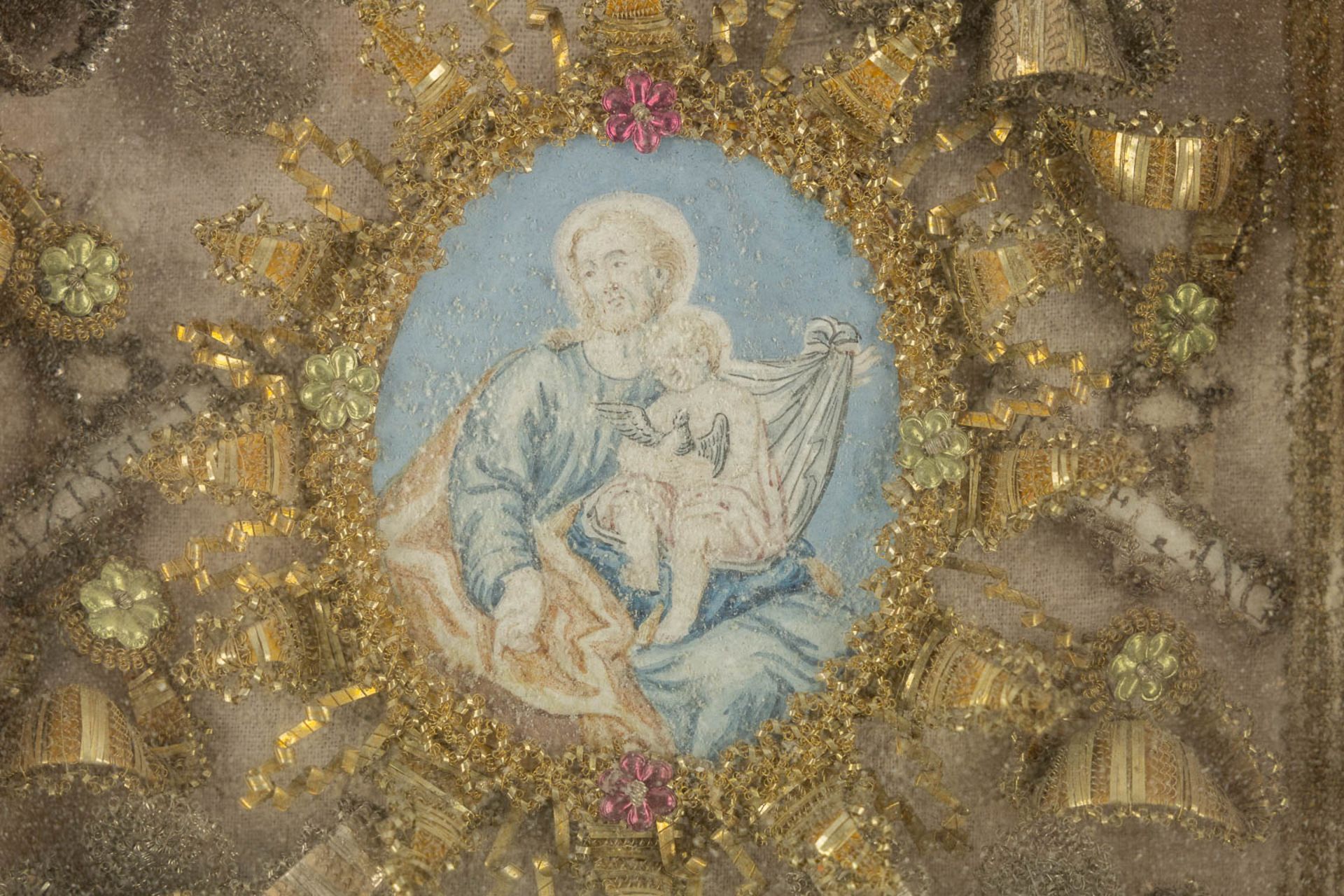 An antique frame with an image of Joseph with child, cabochons and decorations. 19th C. (W:21 x H:25 - Image 4 of 6
