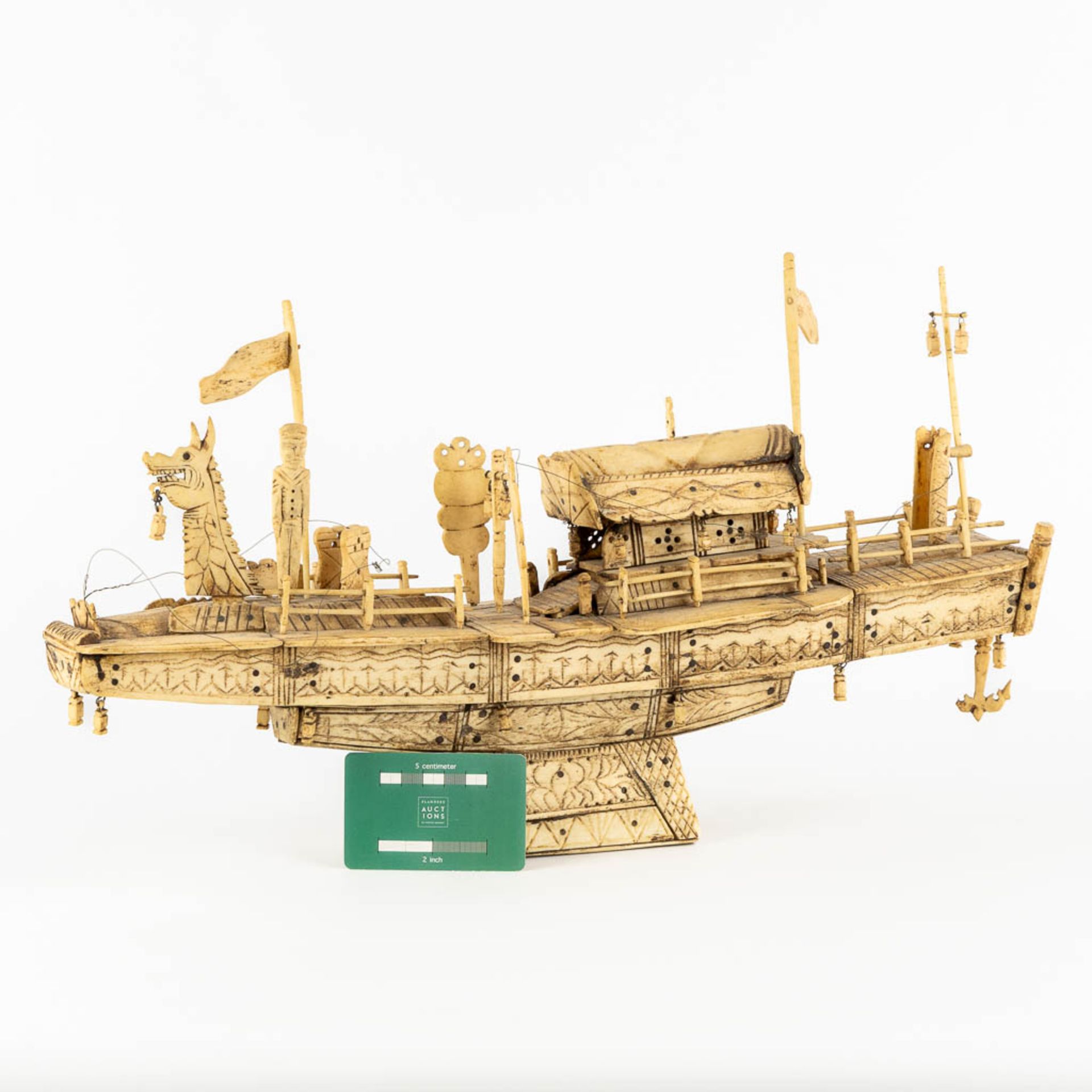 An antique Chinese model of a ship, sculptured bone. Circa 1900. (L:13 x W:50 x H:28 cm) - Image 2 of 11
