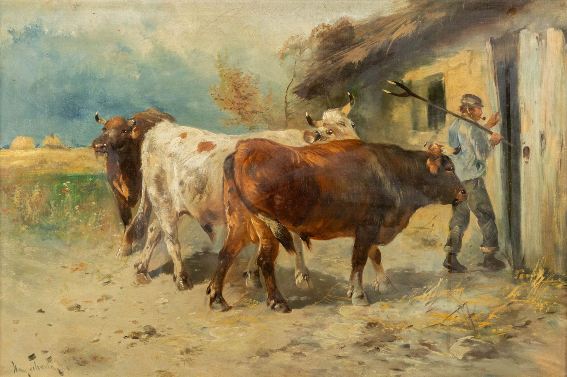 Henry SCHOUTEN (1857/64-1927) 'Farmer and his cows' oil on canvas. (W:90 x H:60 cm)