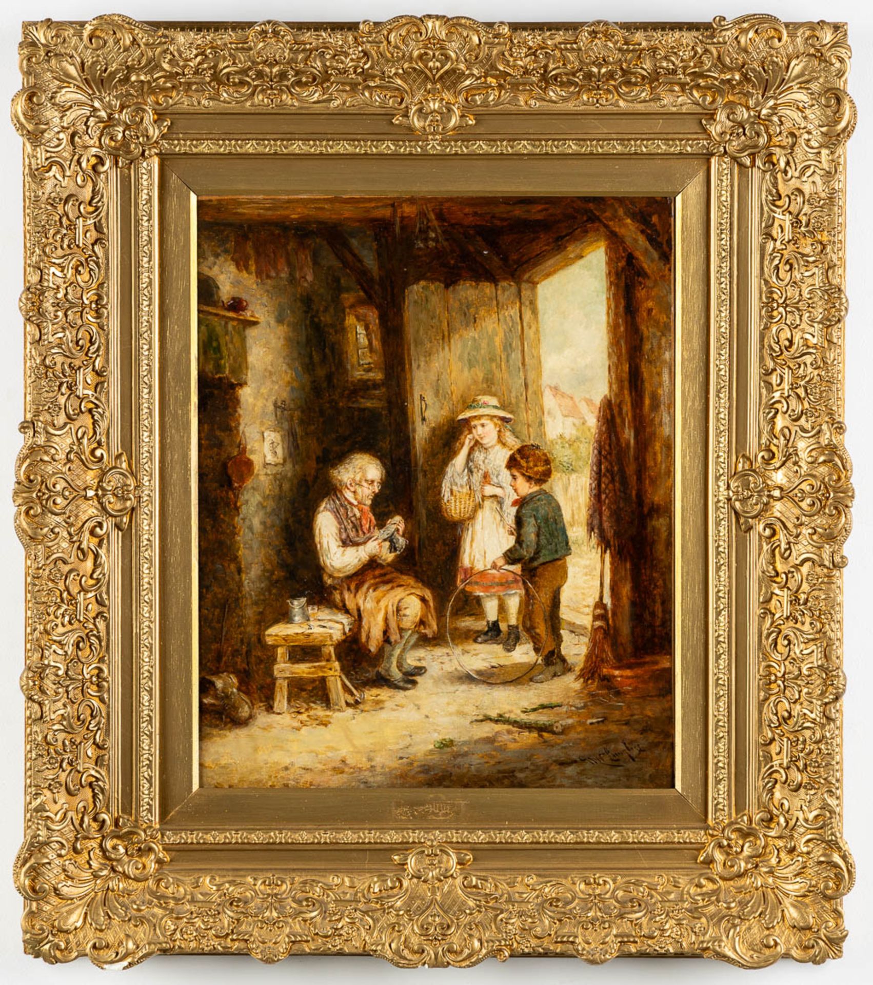 Mark William LANGLOIS (1848-1924) 'Children with a shoemaker' oil on canvas. (W:44 x H:54 cm) - Image 3 of 7