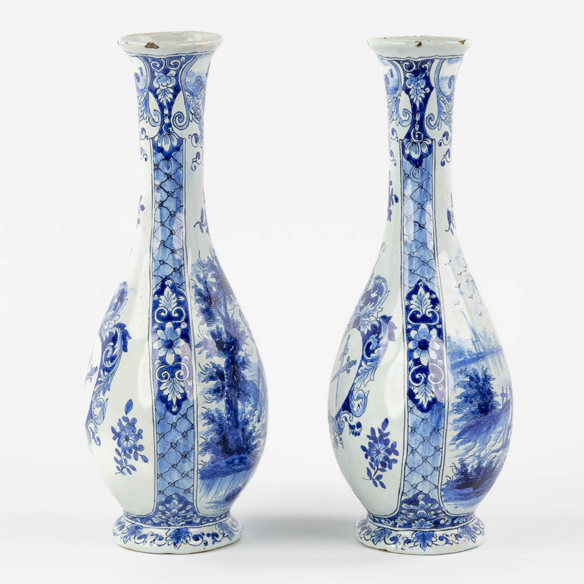 Geertrui Verstelle, Delft, a pair of vases with a landscape decor. Mid 18th C. (L:9 x W:14 x H:26,5 - Image 4 of 15