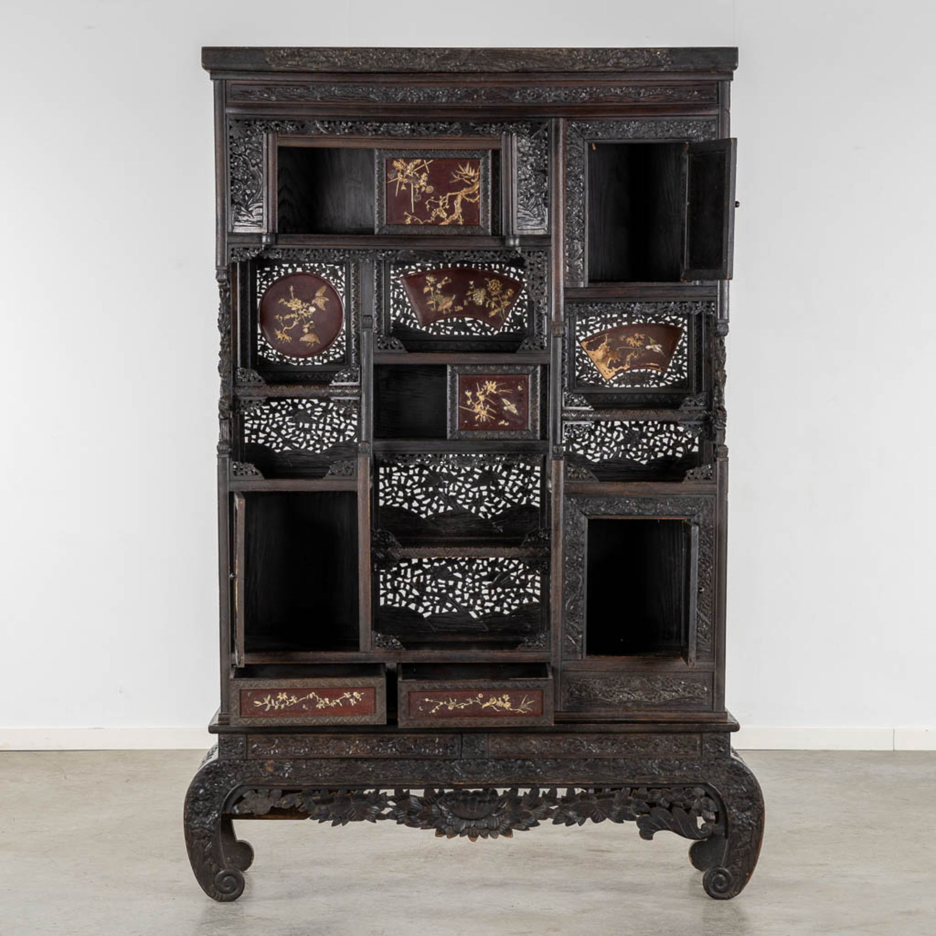 A Japanese Shibayama show cabinet, sculptured wood and inlay decorated with Fauna and Flora. (L:36 x - Image 3 of 17