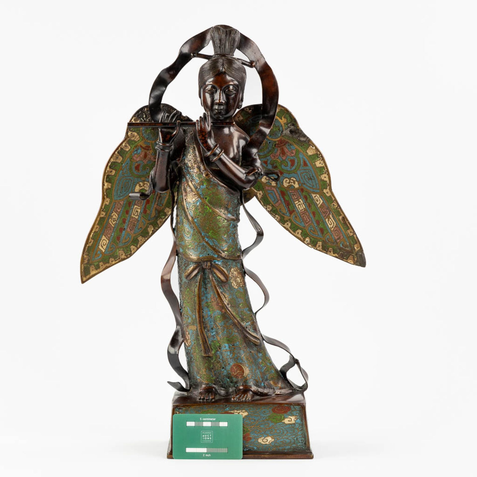 An Oriental figurine of an Angel with a flute, Champslevé bronze. (L:15 x W:35 x H:53 cm) - Image 2 of 14