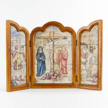 An antique Triptych depicting a Golgotha, glazed faience. 19th C. (W:65 x H:44 cm)