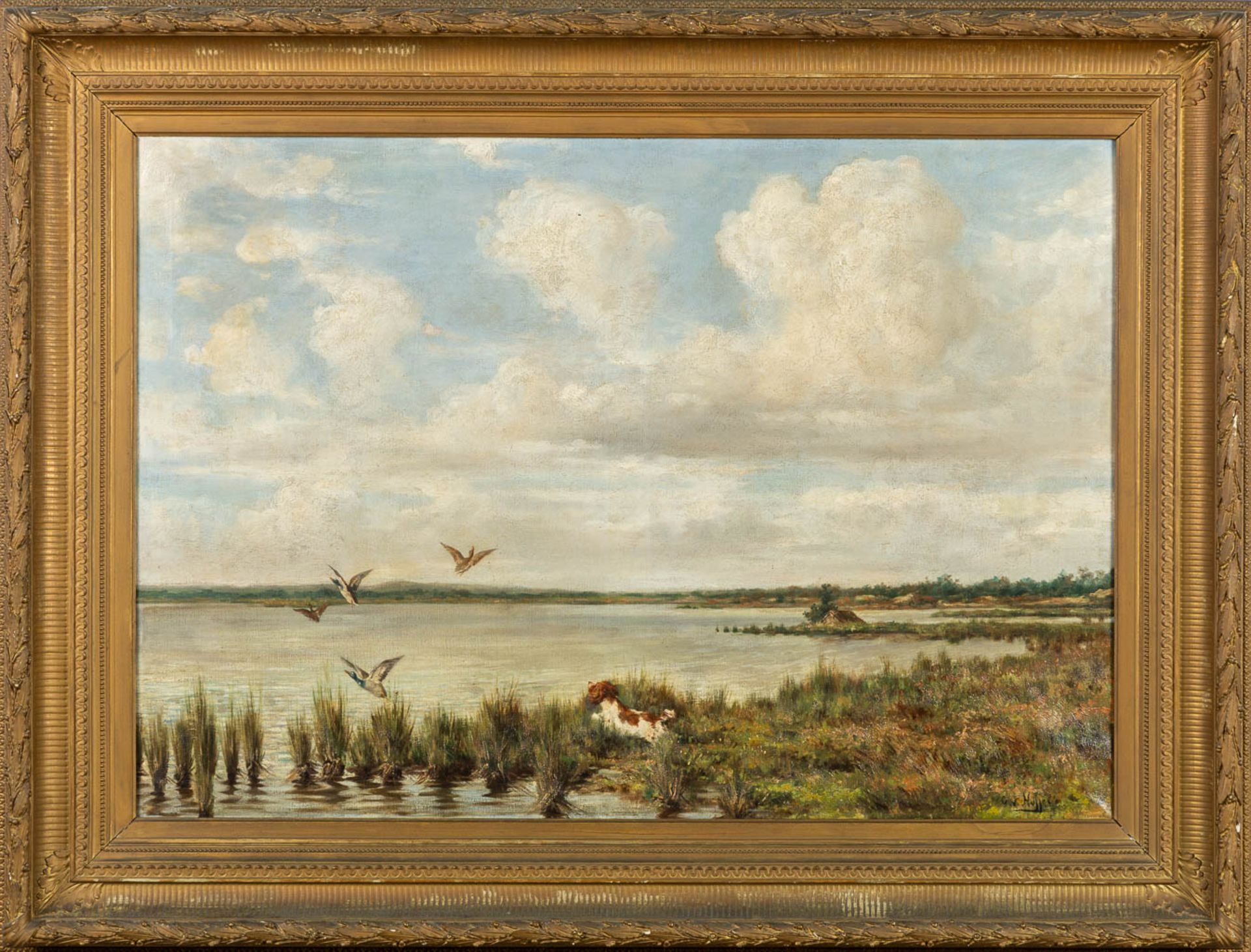 Georges VAN NUFFEL (XIX) 'Dog chasing ducks' oil on canvas. (W:100 x H:70 cm) - Image 3 of 9