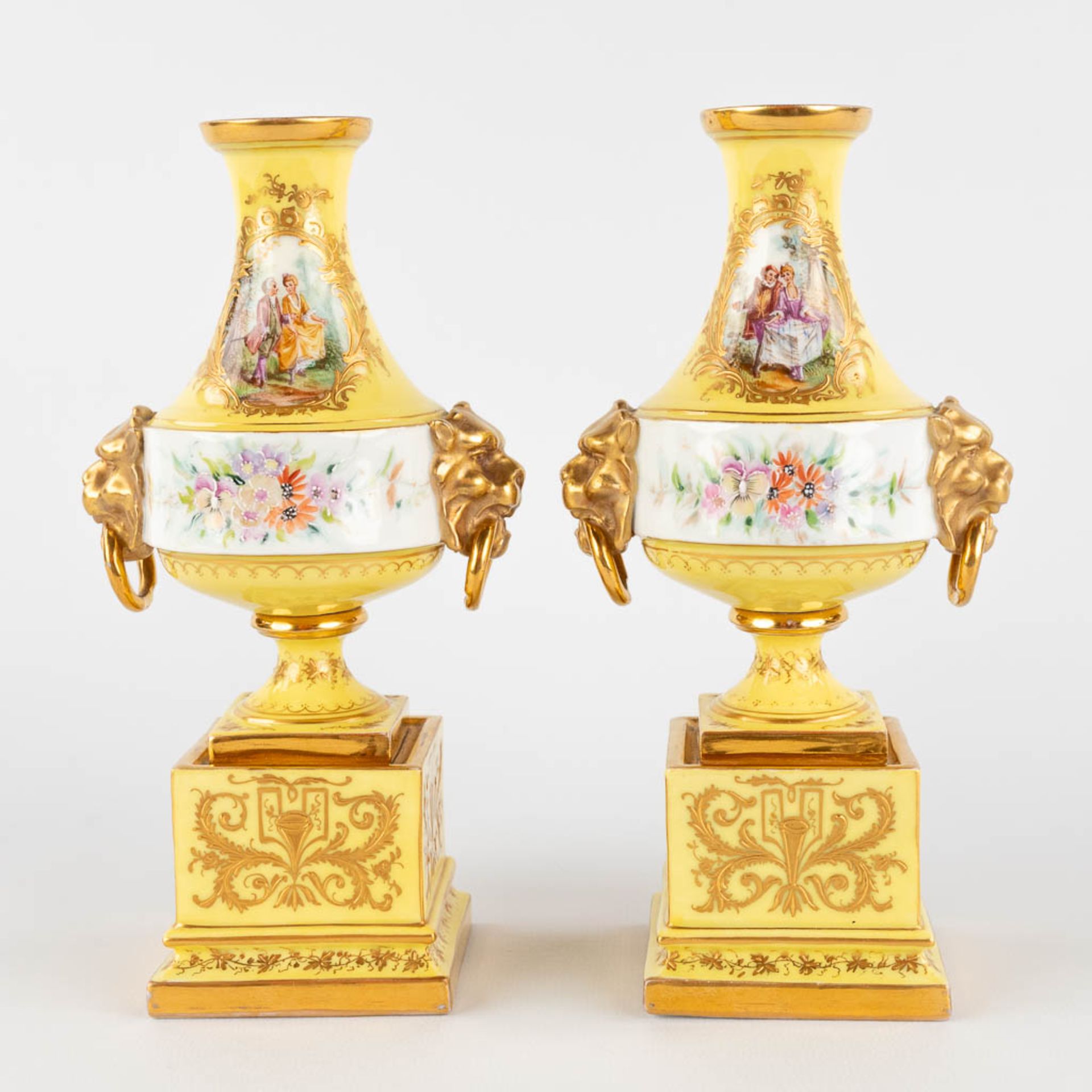 A pair of antique, hand-painted porcelain vases, yellow glaze and flower with lion's heads decor. (L - Image 5 of 16