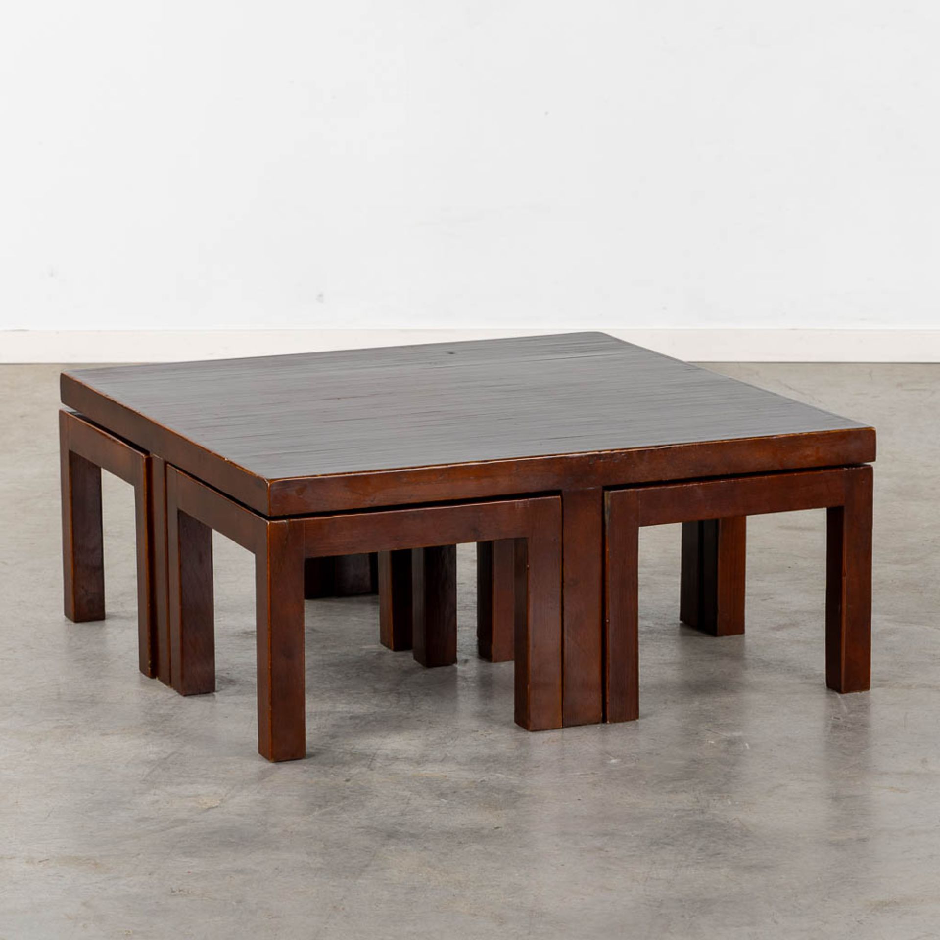 A decorative coffee table with 4 smaller, bamboo top on hardwood. Circa 1980. (L:90 x W:90 x H:38 cm - Image 3 of 10