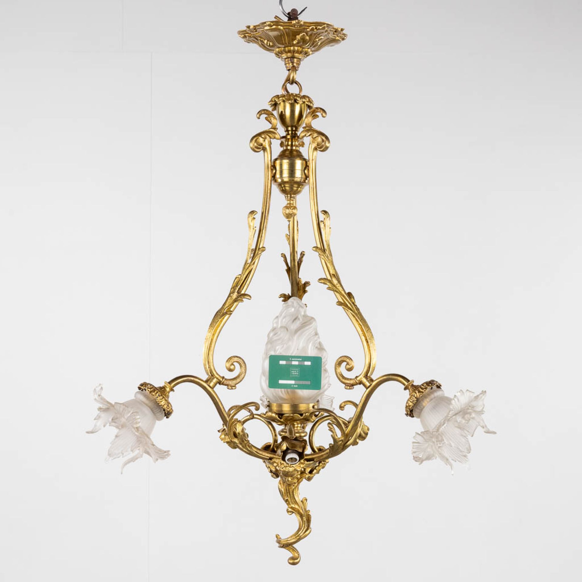 A chandelier, bronze with glass shades and a flambeau, decorated with Satyr figurines. (H:88 x D:54 - Image 2 of 13