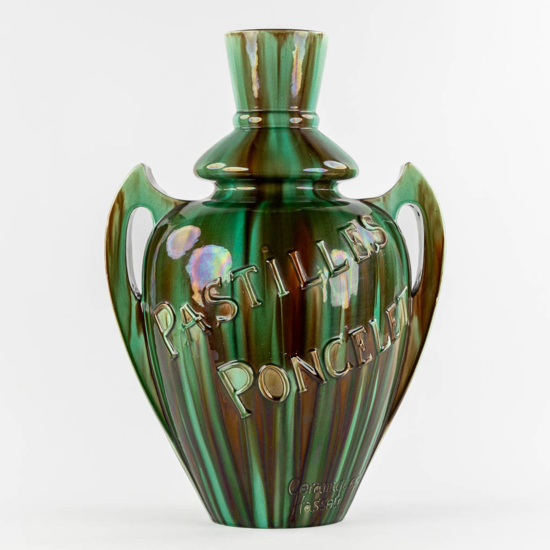 Ceramics of Hasselt, 'Pastilles Poncelet' a large faience vase. (L:34 x W:42 x H:60 cm)