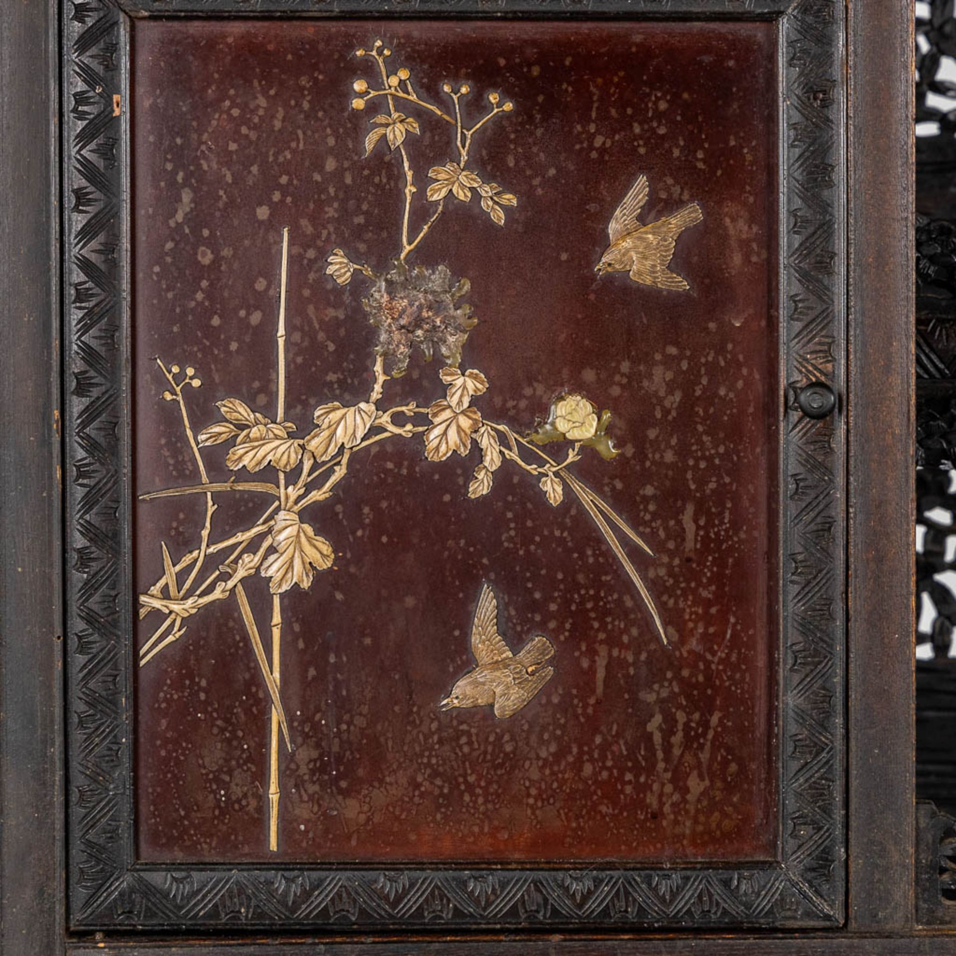 A Japanese Shibayama show cabinet, sculptured wood and inlay decorated with Fauna and Flora. (L:36 x - Image 11 of 17