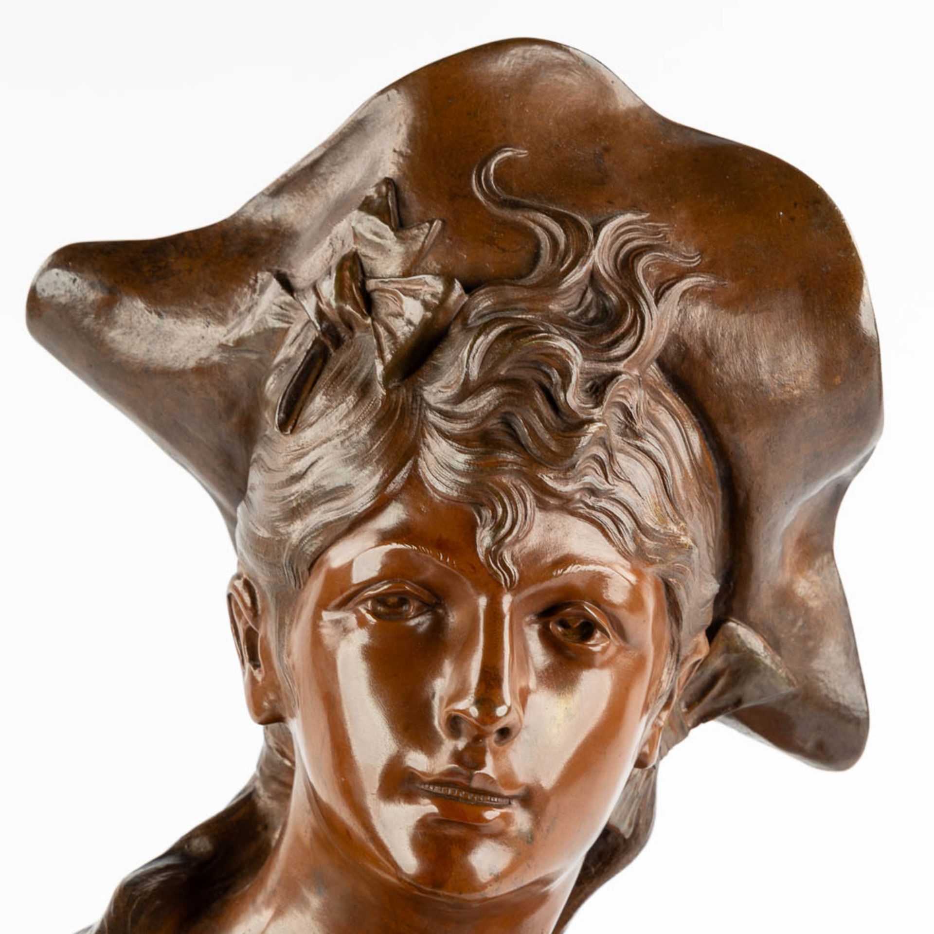 'La Brunetta' a large bronze bust of a lady with a hat, brown patinated bronze. 1880-1900. (L:26 x W - Image 8 of 10