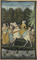 Riding a horse, a Mughal painting on fabric. 19th C. (W:50 x H:83 cm)