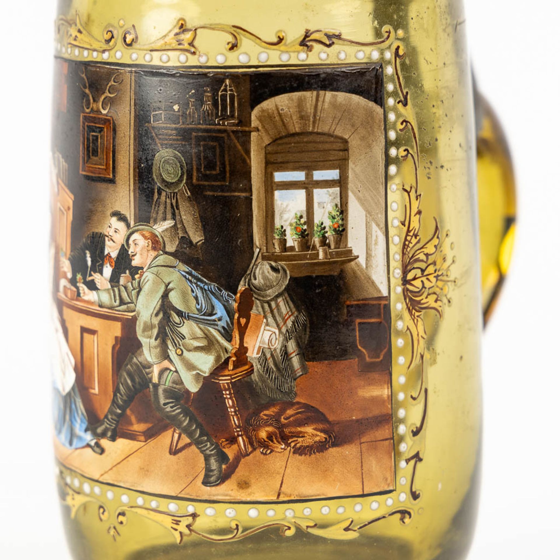 A finely painted Thiersenthal 'Beer Stein' with a pewter lid, Glashütte, Germany. 19th C. (H: - Image 10 of 11