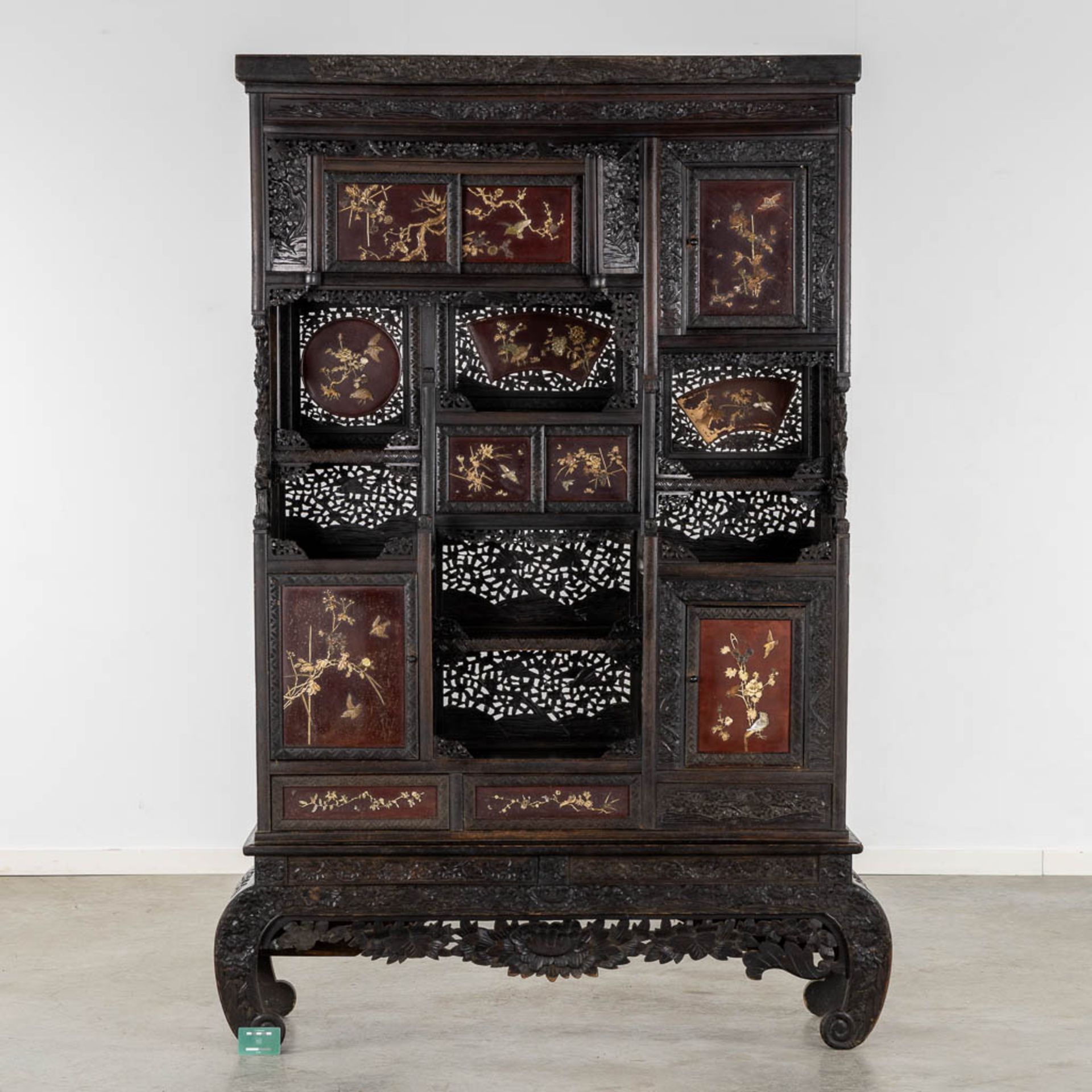 A Japanese Shibayama show cabinet, sculptured wood and inlay decorated with Fauna and Flora. (L:36 x - Image 2 of 17