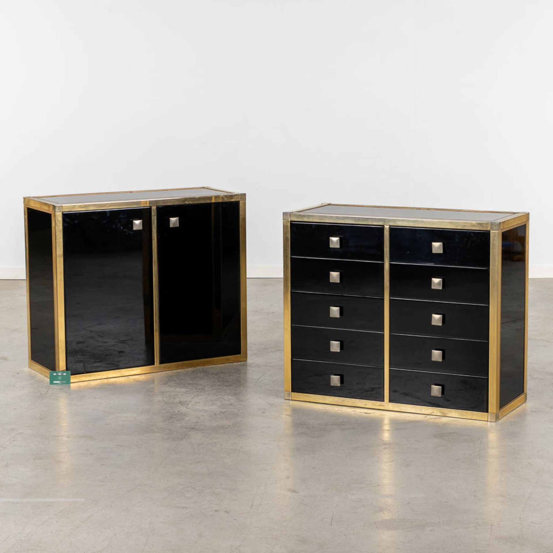 A pair of cabinets, lacquered wood and gilt metal, probably made by Belgo Chrome. (L:37 x W:86,5 x H - Image 2 of 11