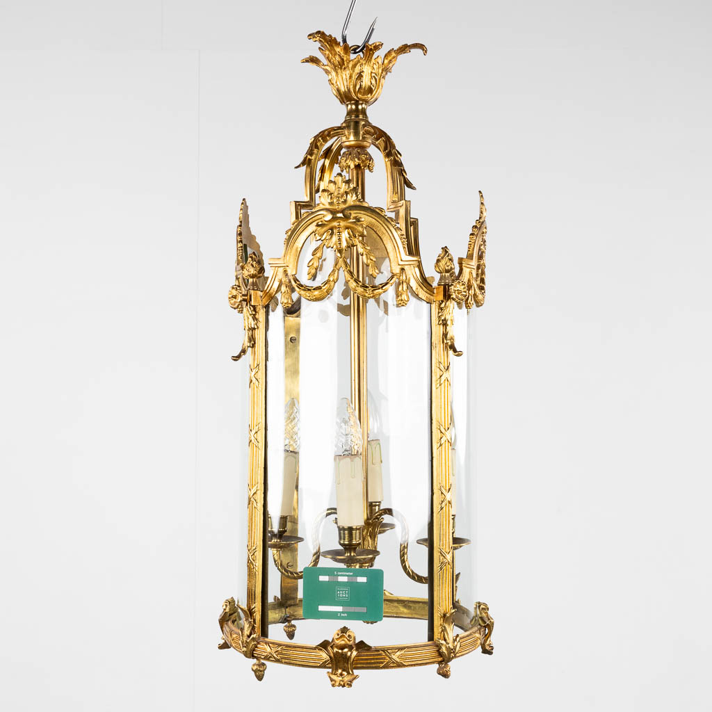 A hall lantern, bronze and glass. 20th C. (H:72 x D:31 cm) - Image 2 of 12