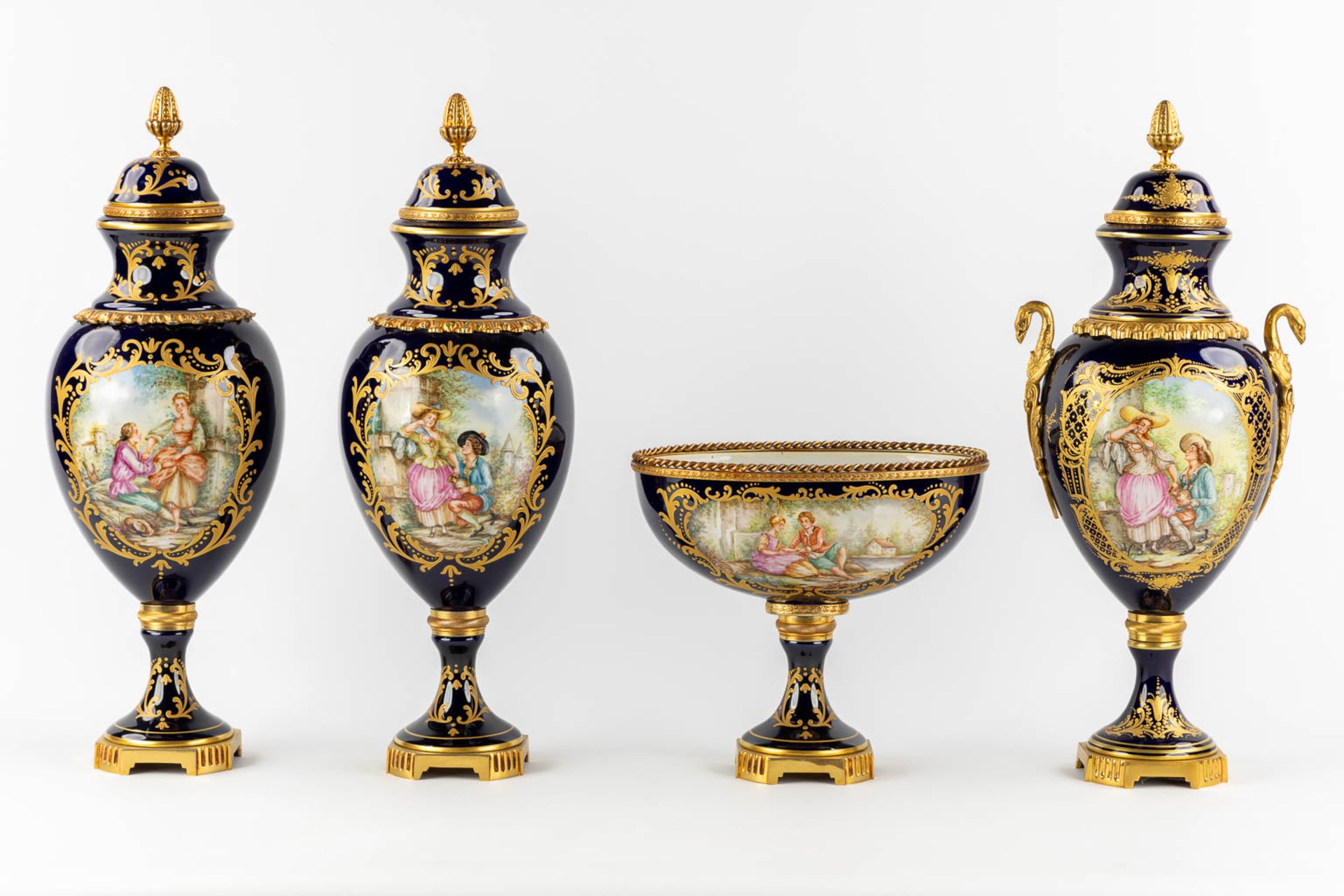 Limoges, three vases and a bowl, hand-painted porcelain mounted with bronze. 20th C. (H:51 x D:17 cm - Image 3 of 19