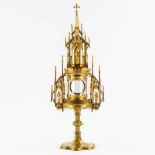 A large 'Tower Monstrance', gilt brass. Gothic Revival. 19th C. (L:16,5 x W:23 x H:63 cm)