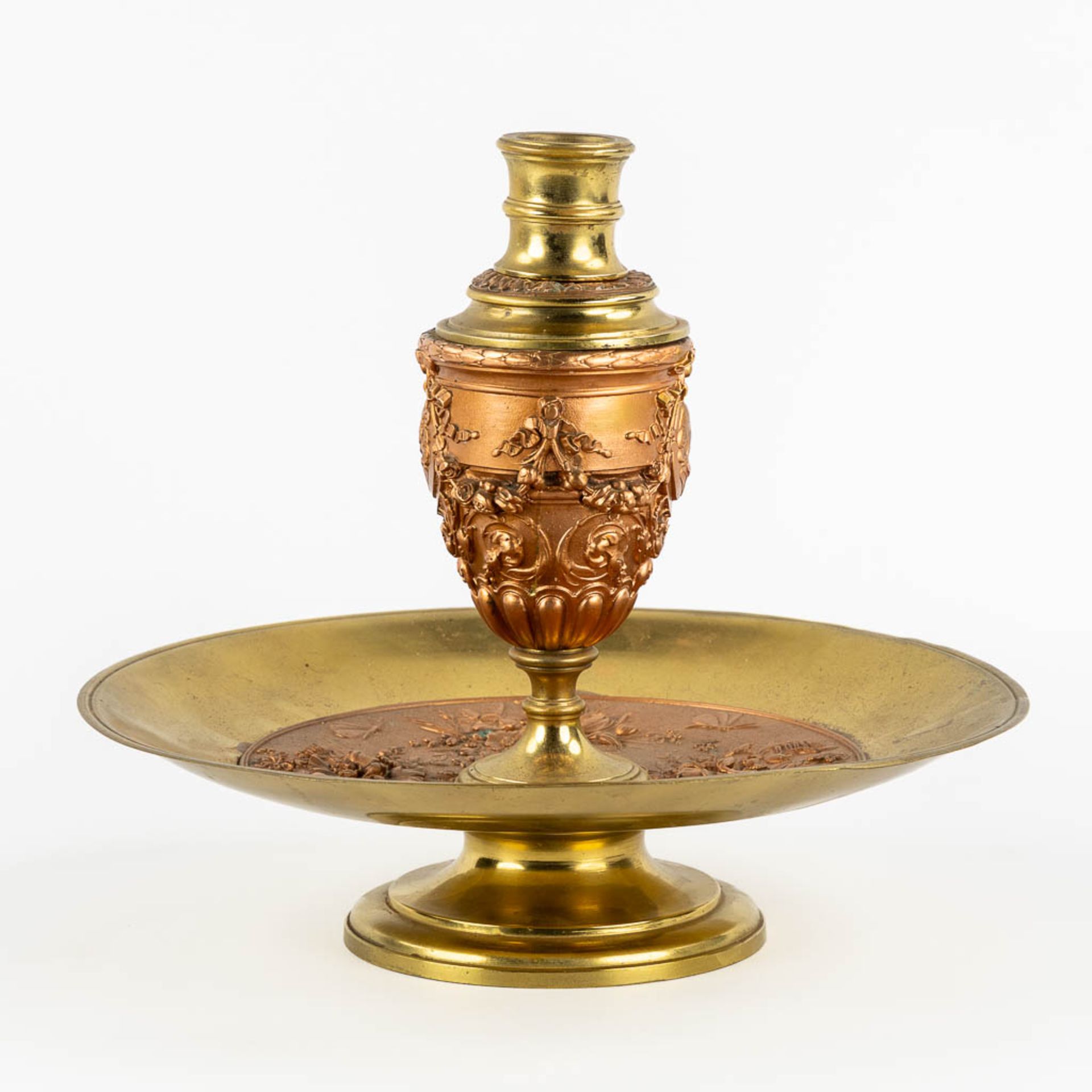 A table centrepiece, brass and copper patinated spelter, decorated with fauna and flora. 19th C. (H: - Image 5 of 12
