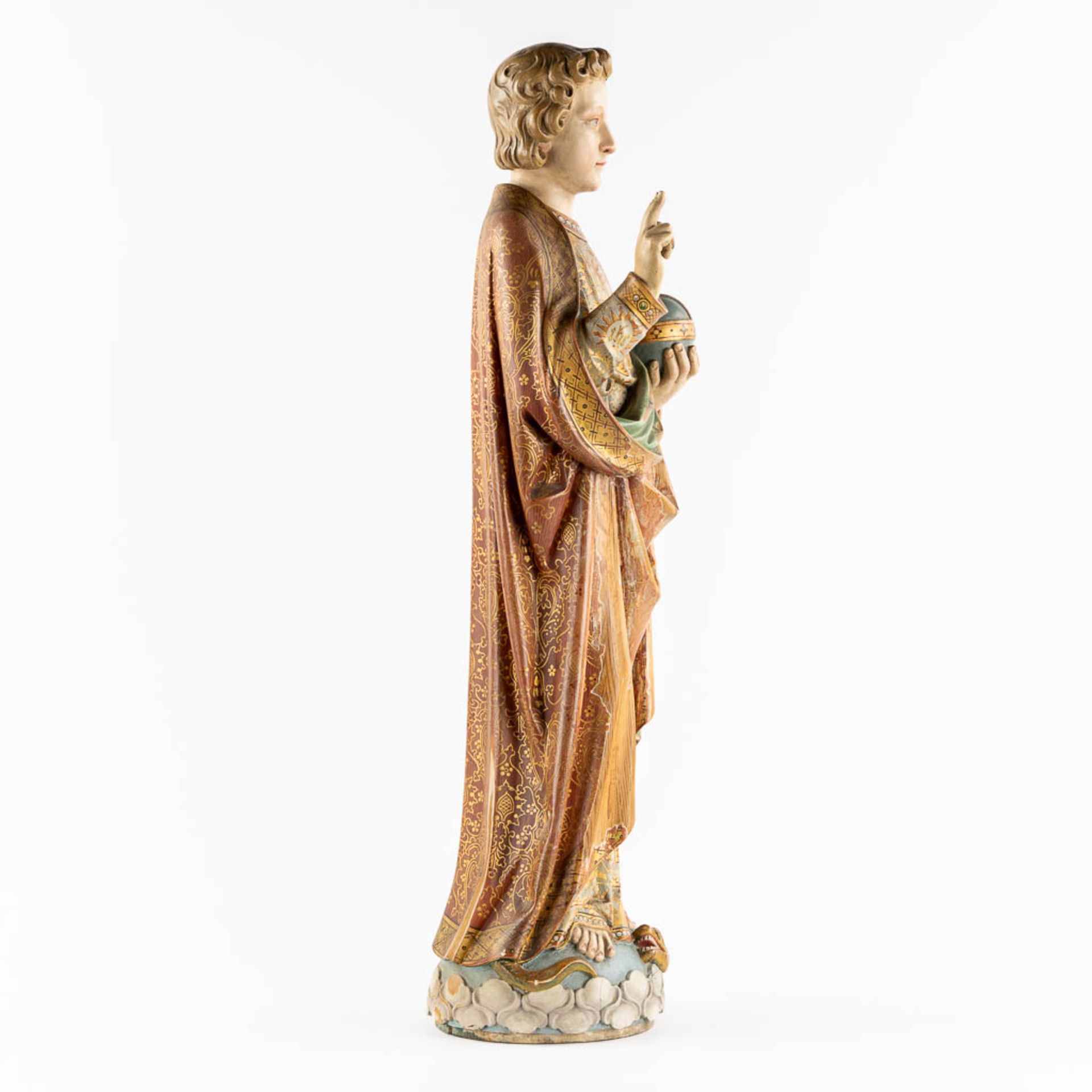 An antique wood-sculptured figurine of Salvator Mundi, holding a globus cruciger and serpent. 19th C - Image 6 of 12