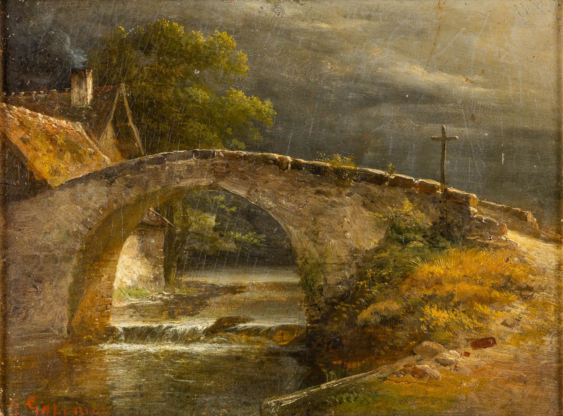 The bridge over the river, oil on panel. 19th C. Signed B. Galerne. (W:32 x H:24,5 cm)