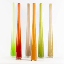 Six large, coloured vases, Leerdam, The Netherlands. (H:60 x D:6,5 cm)